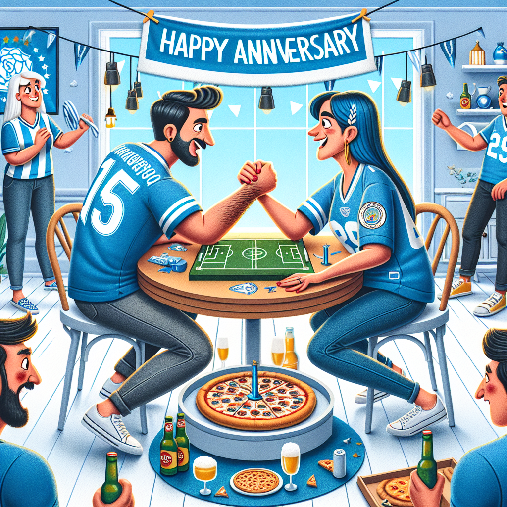 In this whimsical illustration, a lively anniversary celebration unfolds in a living room decked out in blue, honoring a popular football team. A pair of enthusiastic fans, one of Hispanic descent and the other of South Asian descent, both donned in team jerseys, engage in a friendly arm-wrestling challenge over a circular table that also holds an inviting pizza and bottles of beer. A Caucasian and a Middle-Eastern friend watching and cheering by the side. A miniature football field is set on the floor, capturing their sporty spirit and creating a playful atmosphere for the occasion.
Generated with these themes: Pizza, Beer, Football, Wrestling, and Chelsea FC.
Made with ❤️ by AI.