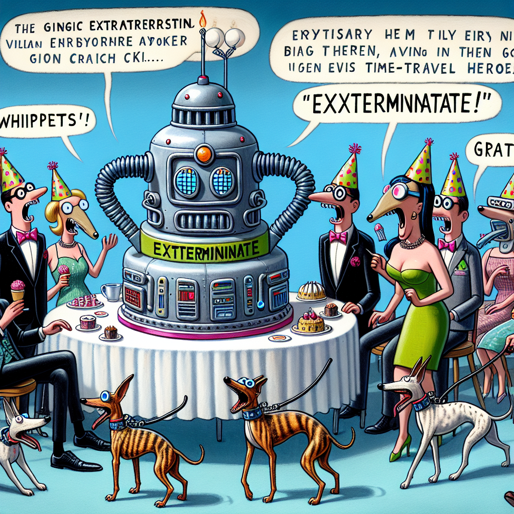 A humorous event is happening with the celebration of a birthday. The party-goers are teeming with joy as they witness a big robot-shaped cake assuming the spotlight. The cake is fashioned to look like a generic extraterrestrial villain complete with amusing 'EXTERMINATE' catchphrases that can be heard every now and then when a piece of cake is served. Whippets, the sleek and aerodynamic canine companions, add to the mirth. They are adorned with neat bow ties and eccentric hats and are skittering around the party, causing bouts of laughter as they amusingly mimic stereotypical time-travel heroes, thereby adding to the distinctive science-fiction atmosphere.
Generated with these themes: Whippets, and Doctor Who.
Made with ❤️ by AI.