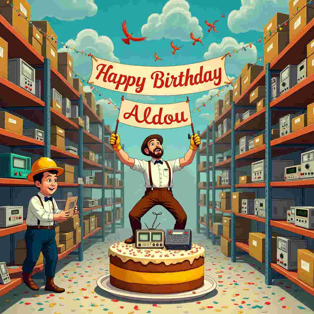 The front cover of this greeting card features a lively and bustling warehouse setting, reminiscent of a Norman Rockwell piece with a humorous twist. At the center of the scene is an inventory clerk, comically juggling various electronic test fixtures like oscilloscopes, multimeters, and wires, each meticulously detailed with buttons and digital screens. The clerk, clad in a vintage-style outfit with suspenders and a bowtie, is standing atop a large birthday cake that doubles as a workbench. 

To the left, a health and safety representative, styled with a hint of Aubrey Beardsley’s intricate detailing, is humorously inspecting a clipboard with oversized safety goggles perched on their head. Their hard hat is decorated with colorful streamers and a tiny, perched bird, akin to Beatrix Potter's whimsical touches.

In the background, towering shelves filled with colorful boxes and gadgets are meticulously detailed, with labels such as "Spare Parts" and "Do Not Open Until Birthday." A large banner stretches across the top of the scene, artistically resembling Maurice Sendak's expressive lines, proudly spelling out "Happy Birthday Abdou" in vibrant, playful letters. 

The color palette is a blend of Maxfield Parrish’s rich blues and golds, contrasted with the muted earth tones reminiscent of N.C. Wyeth. The floor is scattered with confetti, which reflects the light, adding a celebratory sparkle to the scene.

In the sky, which has a hint of Gustave Doré’s dramatic clouds, a flock of birds is arranged in the shape of "Abdou," lending a whimsical yet impressive visual touch. The overall composition captures a blend of detailed realism and enchanting whimsy, creating a vibrant celebration of the unexpected harmony between warehouse life and birthday festivity.
Generated with these themes: Best inventory clerk and health and safety representative, and Electronic Test fixtures.
Made with ❤️ by AI.