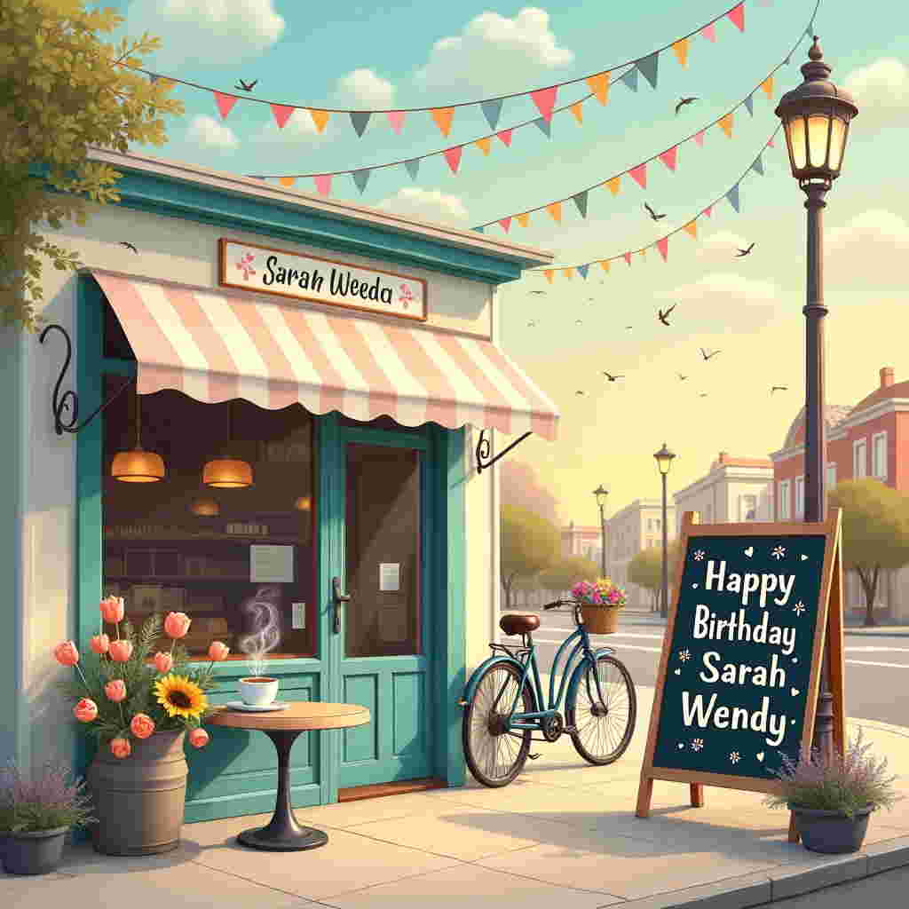In the center of this solemn birthday-themed scene is a quaint little coffee shop, nestled amidst a bustling yet gentle street. The exterior of the shop is adorned with a vintage awning, where a soft teal hue contrasts with a light cream-colored wall. The door is slightly ajar, inviting warmth and curiosity. On a small round table outside, a lone, steaming cup of coffee sits on a saucer, its steam twirling upward like an ethereal dance. Next to the cup, a vibrant bouquet of lavender and sunflowers sits in a rustic metal vase, nodding to nature’s elegance. In the background, an artfully crafted chalkboard sign leans against the café wall, with the words “Happy Birthday Sarah Wendy” whimsically written in vibrant pastel colors. This message is surrounded by doodles of coffee beans, cups, and tiny hearts, showcasing the day’s special celebration. 

A vintage bicycle with a basket full of fresh, colorful tulips leans against the shop's exterior, its wheels slightly turned as if ready for an adventure. Above, a string of tiny bunting flags dances in the gentle breeze, their muted shades of pink, yellow, and blue adding a playful touch. The sky is a palette of soft blues and warm oranges as the sun begins to set, casting a golden glow over the scene. Sarah Wendy’s name is artistically embedded in the clouds above, forming whimsical, cloud-lettered shapes that drift lazily in the sky. Around this, flocks of small birds flutter gracefully, bringing life and movement to the tranquil moment. This harmonious blend of elements tells a story of quiet joy, the simple pleasures of coffee, and the celebration of a beloved name.
Generated with these themes: Coffee shopping.
Made with ❤️ by AI.