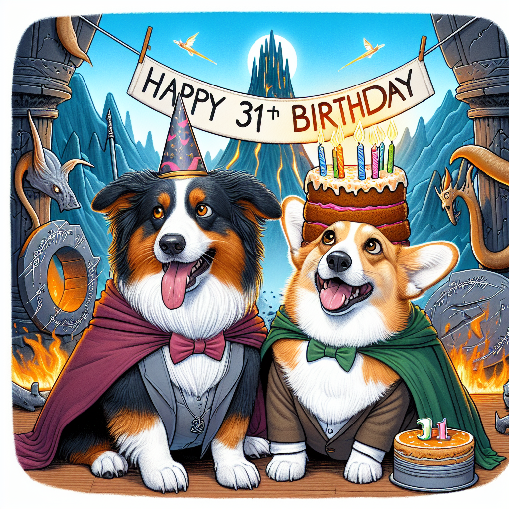Create a fun and whimsical illustration of a Lord of the Rings-themed birthday party located in the imaginative environment of Middle-earth. At the core of the scene, an Australian Shepherd and a Corgi, both amusingly dressed in outfits inspired by won't-mention characters from the iconic series, are joyfully holding up a 'Happy 31st Birthday' banner. The backdrop is decorated with iconic fantasy symbols, contributing to the magical atmosphere. The pair of dogs seem to be on a playful mission, with a humorously designed birthday cake, shaped like a legendary volcano from the series in the background, waiting for the candles to be lit.
Generated with these themes: The Lord of the rings, 31st Birthday, and Australian Shepard Dog and Corgi.
Made with ❤️ by AI.