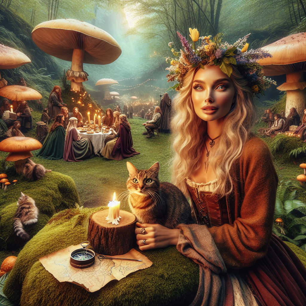 Picture a serene forest glade immersed in an ethereal atmosphere, induced by the ongoing birthday celebration. At the center of the activity is a female hobbit with blonde hair adorned with wildflowers that mirror the hue of her earthy attire. She holds a map and a compass, signifying an imminent quest, her striking eyes alight with excitement, accentuated by her subtle makeup. Gigantic mushrooms, wide enough to serve as natural umbrellas, are scattered throughout the location. A tabby cat, taking a respite on a mossy patch, gazes lazily at the bustling party. The sound of joyous laughter merges with nature's symphony, strengthening the enchantment of this remarkable, rural-inspired fantasy setting.
Generated with these themes: Blonde hobbit lady, Cottagecore, Outdoor adventure , Mushrooms, Sweaters , Tabby cat, and Makeup.
Made with ❤️ by AI.