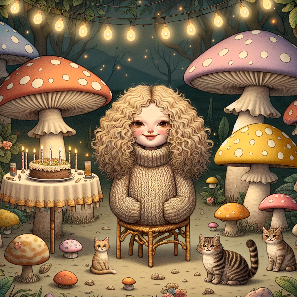 A surreal cartoon depiction of a birthday scene set within the whimsical cottagecore aesthetics of twilight. In the middle, there's a cheery blonde hobbit woman with curly hair flowing over a snug, hand-knit sweater. She is surrounded by big, colorful mushrooms serving as peculiar chairs and tables, laden with a banquet suited for an open-air journey. Amiable tabby cats wander around, their fur merging with the earthy colors. The hobbit woman wears minimal, earth-toned makeup that complements the enchanted woodland ambiance. Fairy lights wrapped around the overhead leaves produce a dreamlike glow over the pastoral festivities.
Generated with these themes: Blonde hobbit lady, Cottagecore, Outdoor adventure , Mushrooms, Sweaters , Tabby cat, and Makeup.
Made with ❤️ by AI.