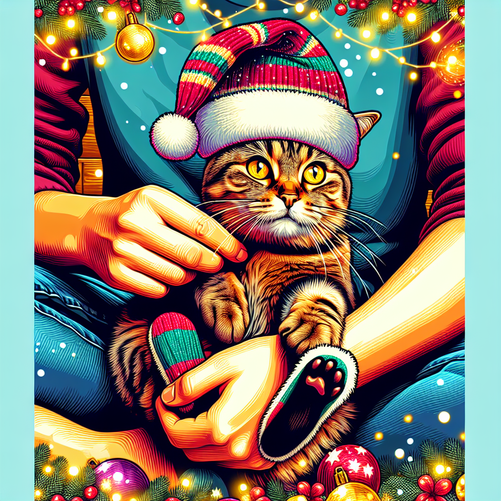 A sweet vector-based image depicts an idyllic Christmas scene where an adult is gently holding a content brown tabby cat. The cat's expressive yellow eyes shine brightly as it sits comfortably in the warmth of a cozy holiday gathering. A whimsically decorated Christmas hat rests upon its head, and the background boasts a festive tapestry of Christmas ornaments and lights.
.
Made with ❤️ by AI.