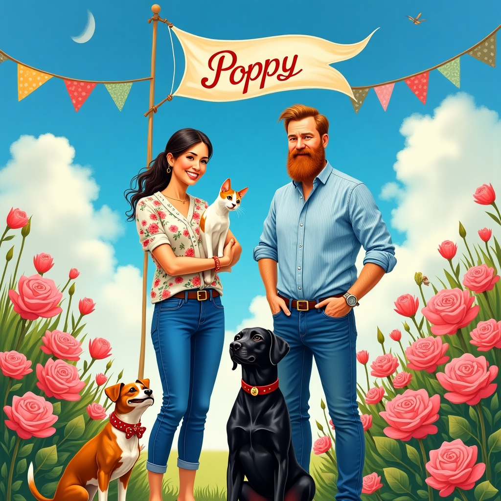In the foreground, a Thai lady stands joyfully, wearing stylish blue jeans and a vibrant floral blouse reminiscent of Beatrix Potter's delicate patterns. Her ensemble echoes the colors of spring, blending pinks and greens. Her hair is gracefully tied back, accentuating her smiling face.

Next to her is an English man with a whimsical air, dressed in a sky-blue shirt with subtle white pinstripes that capture the essence of Quentin Blake’s playful style. His short ginger beard adds a charming contrast, curling slightly at the ends, reminiscent of Edward Gorey's meticulous detail.

The lady gently cradles a skinny white cat with ginger spots, its fur rendered in a soft watercolor technique like those found in Maurice Sendak's works. The cat’s red collar and tiny bell glint, a nod to the meticulous attention to detail seen in Arthur Rackham's illustrations.

At her feet, a small ginger Chihuahua stands alert, its expressive eyes capturing a playful sense of curiosity. It wears a petite, colorful bow, adding a touch of whimsy. Beside it, a black Labrador sits regally, its coat a glossy, inky black, painted with the rich depth akin to N.C. Wyeth’s style.

The background is a lush garden of blooming pink roses, each petal painted with the intricate precision of Maxfield Parrish's work, casting soft shadows and highlights that dance in the sunlight. The roses surround the scene, framing it in a vibrant halo of color.

Above, in the cerulean sky dotted with fluffy clouds reminiscent of Gustave Doré’s heavenly skies, a string of colorful bunting is strung across. In the center, a flag sways gently in the breeze, and on it, the word “Poppy” is emblazoned in bold, swirling letters that echo Aubrey Beardsley's bold line work.

The entire scene is captured in a hand-drawn style, full of life and detail, bringing together elements of nostalgia and whimsy, much like the works of Norman Rockwell, inviting the viewer into a lively, celebratory moment frozen in time.
Generated with these themes: Thai lady in jeans, English man in blue shirt and short ginger beard, Lady has White skinny cat with ginger spots with red collar and bell, Lady has Small ginger chihuahua  dog, Lady has Black labrador, and Pink roses.
Made with ❤️ by AI.