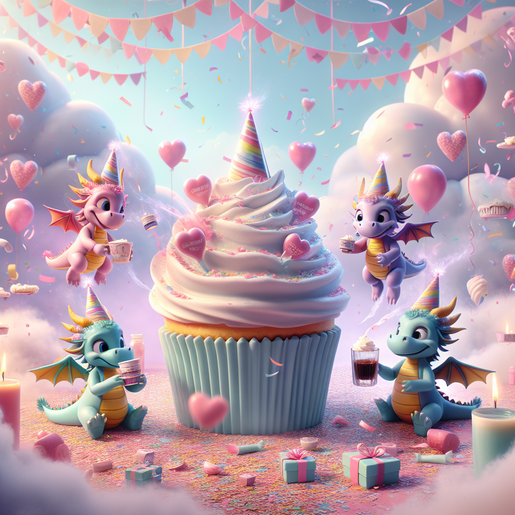 In the heart of a festive, whimsical party scene, pastel-colored confetti and streamers fill the air. Animated, festive dragon characters, each adorned with cheerful birthday hats, gently hover around a giant cupcake. Set against the backdrop of magical clouds shaped like hearts, each dragon holds a petite, steaming cup of generic coffee in one claw, and a mini bottle of generic gin in the other. The scene beautifully blends the themes of celebration and indulgence.
Generated with these themes: Dragons, Starbucks, and Gin.
Made with ❤️ by AI.