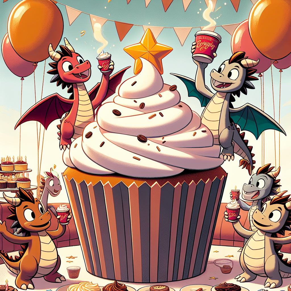 A delightful cartoon scene unfolds at a birthday extravaganza, where playful dragons in party attire fly about a vibrant, oversized cupcake centerpiece. They're colored in shades of coffee browns and milky whites, subtly hinting at a popular coffee shop theme. The air is filled with the imagined scent of gin-spiked whipped cream topping the cupcake, while star-shaped balloons float above. The dragons toast with coffee-house styled cups, adding a unique touch to the festively themed gathering.
Generated with these themes: Dragons, Starbucks, and Gin.
Made with ❤️ by AI.