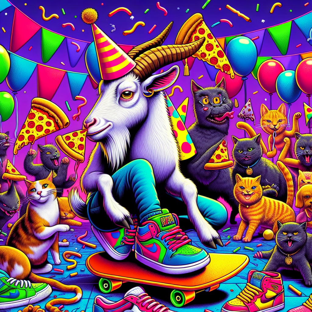 Illustrate a vibrant and comically chaotic birthday-themed scene. The central part of the scene is dominated by a confident goat riding a vivid orange skateboard, adorning a jaunty party hat between its horns. Surrounding the goat, a group of cats and dogs playfully tussle amidst a sea of various brightly colored trainers, contributing to the scene's sense of joyful pandemonium. Completing the setting is a playful pizza character on the side, characterized with a face and tiny limbs, amusingly handing out pizza slices to the delighted animals.
Generated with these themes: Skateboard, Goats, Orange, Trainers, Cats, Dogs , and Pizza.
Made with ❤️ by AI.