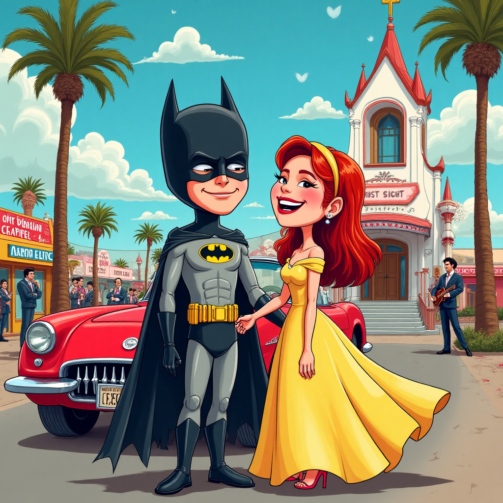 **Image Prompt:**

Imagine a vibrant, bustling Vegas strip, with a classic white wedding chapel at its center, complete with a neon sign that reads "Love at First Sight Chapel." In front of the chapel, a red Corvette is parked, with its doors open and cans tied to the bumper, trailing behind.

Standing beside the Corvette, there's a cartoonish, brown-haired groom dressed in a classic Batman costume, complete with a flowing cape and a slightly oversized mask. Next to him, the bride has fiery red hair and is wearing a bright yellow dress that twirls around her as she laughs. Her hand is playfully tugging on his cape.

The couple stands beneath a blue sky dotted with fluffy clouds shaped like hearts, while Elvis impersonators in the background playfully serenade them. The entire scene is filled with exaggerated expressions and vibrant colors that pop, creating a sense of joyous chaos and celebration.

**Caption (optional):**
"Going Batty for Each Other!"
Generated with these themes: Vegas, batman, wedding chapel, red corvette, brown hair man, red hair woman, yellow dress, and .
Made with ❤️ by AI.