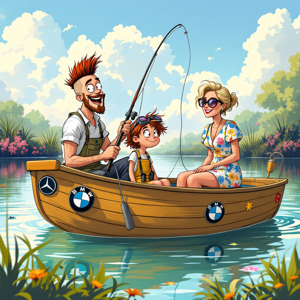 In a whimsical cartoon scene set on a tranquil, sun-drenched lake, a vibrant bream fishing adventure unfolds. A comical, somewhat overstuffed rowboat bobs in the water, its sides adorned with colorful decals of a Mercedes Benz logo and a BMW emblem, cheekily playing on the theme of luxury fishing. At the boat's stern, a jubilant father with a striking mohawk sits, his fishing rod poised and eyes wide with hopeful anticipation, hinting at a love for fishing that may not necessarily be reciprocated by the bream below. Beside him, his daughter sports bright yellow dungarees, a pair of binoculars around her neck, peering eagerly over the side of the boat as though spotting rare fish or distant adventures. Her outfit and demeanor echo the playful curiosity reminiscent of Calvin and Hobbes.

Sharing the space on the boat, the mother sits comfortably at the bow, her demeanor a blend of sophisticated elegance and motherly patience. She wears a chic floral dress, her reading glasses perched on her nose as she peruses a fishing guidebook, with a hint of Hergé's Tintin precision in her illustration. The family members, a delightful array of brown skin tones, reflect a joyous blend of cultures and personalities, their expressions lively and animated, as if lifted straight from a scene by Gary Larson.

The water reflects a brilliant sky, where fluffy clouds humorously spell out "Happy Birthday Elesh" as if written by a playful gust of wind, capturing the essence of a quirky and personalized celebration. In the distance, a small island can be seen, dotted with palm trees and perhaps an incongruous sighting of a small, miniature BMW and Mercedes Benz showroom nestled among the foliage, adding an unexpected twist to the peaceful backdrop.

In this harmonious mix of themes and styles, the cartoon scene bursts with storytelling potential, inviting Elesh into a birthday card world that feels both endearing and uniquely adventurous.
Generated with these themes: Bream Fishing in a boat, Daughter in Dungarees, Brown People, Mohawk, Wife wearing glasses and a dress, Mercedes Benz, and BMW.
Made with ❤️ by AI.