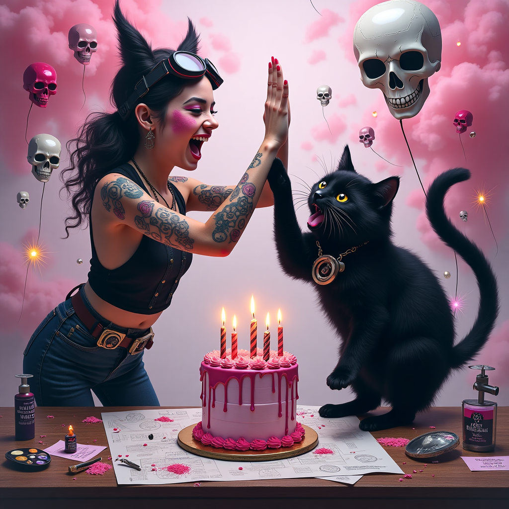 **Prompt for Image Generation (Funny Birthday Themed, Abstract Style):**

At the top of the abstract image: *Happy Birthday Tiegan, you goth this engineered purrfection down to a skull-science!*

Create an abstract, humorous composition blending surreal and symbolic elements:  
A gothic girl with dramatic, smeared makeup is laughing wildly as she high-fives a fluffy, black cat wearing a tiny tool belt and safety goggles. Her arms are covered in beautifully stylized tattoos — roses, cogs, skulls with lipsticks, and electrical circuit patterns intertwining. The girl is floating slightly above a chaotic but artsy lab bench covered in candles, spilled glitter, catnip, blueprints, gears, and makeup palettes.  

The background features pastel pink smoke shaped like skulls and eyeliner wings, merging with steampunk-style clouds. Tiny abstract skulls shaped like party balloons drift in the air. A wobbly-looking mechanical birthday cake, complete with spinning candles and blinking LED eyes, hovers nearby with sparks flying. A “Party Mode Engaged” gauge ticks dangerously toward max.  

Playful color accents pop throughout: electric lavender, metallic black, goth pink, and shimmering cat fur silver. The entire scene oozes quirky energy — it’s spooky-cute-meets-mad-inventor madness with a feline twist.
Generated with these themes: Gothic girl, Tattoo, Skulls, Make up, Engineer, and Cat.
Made with ❤️ by AI.