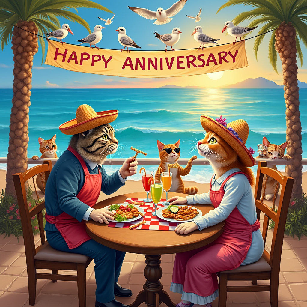 In this whimsically chaotic anniversary card scene, Mick and Linda are nestled into a vibrant corner of a bustling Wetherspoons that has been magically transported to the sunny beaches of Malaga. The scene is lively, with a surreal twist that incorporates cats as the central characters. Imagine Mick and Linda sitting at a round wooden table covered with a checkered tablecloth adorned with tapas dishes and a couple of colorful cocktails, complete with tiny umbrellas. Surrounding them are a dozen charismatic cats donning little sombreros and aprons, acting as the enthusiastic waitstaff. One tuxedo cat balances a tray with two more cocktails as it deftly navigates between the tables, while a tabby with a handlebar mustache juggles churros in the background. To add a playful touch, a ginger cat with sunglasses can be seen strumming a tiny guitar under a nearby palm tree. Above the cheerful scene, a flock of seagulls holds a long banner in their beaks, which flutters in the breeze and reads "Happy Anniversary Mick & Linda" in vibrant, colorful letters. The azure sea sparkles in the background, with the sun beginning its descent, painting the sky with hues of orange and pink, adding a touch of romance to this jubilant, cat-filled fiesta.
Generated with these themes: Cats, Malaga, and Wetherspoons.
Made with ❤️ by AI.