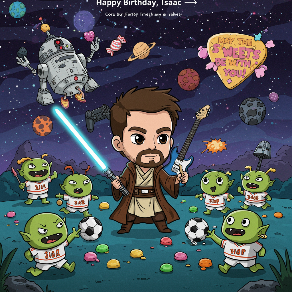Star Wars - PlayStation - football - guitar - sweets, and Birthday Card