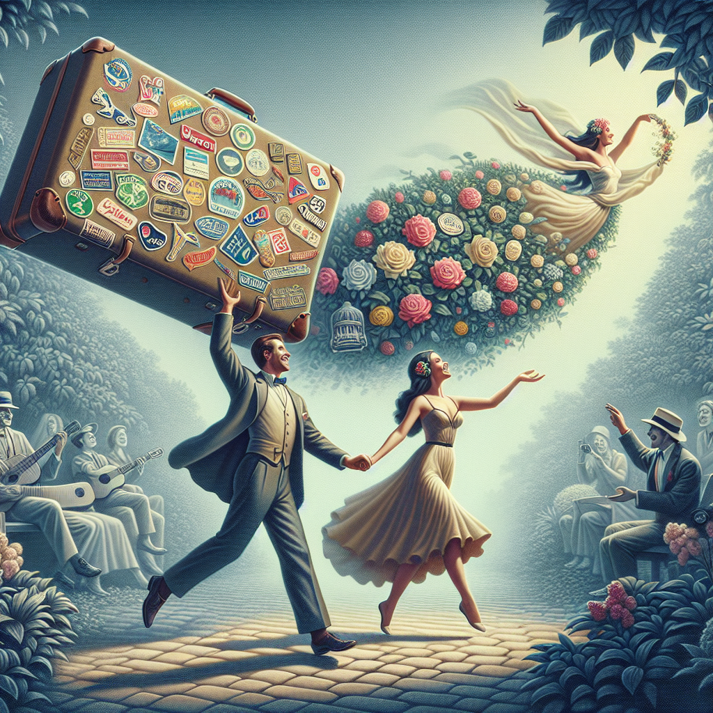 Create a mid-century classical style image of an anniversary moment. The main elements should include a vintage-style suitcase decorated with varied stickers representing different countries. Center the scene on a happy Caucasian man and Hispanic woman leisurely walking through a magical garden. The depiction should capture a certain fluidity, embodying all the adventures they've embarked upon and the journeys they are yet to undertake. This composition represents their enduring journey through life together.
Generated with these themes: Travel, Walking, and Garden.
Made with ❤️ by AI.