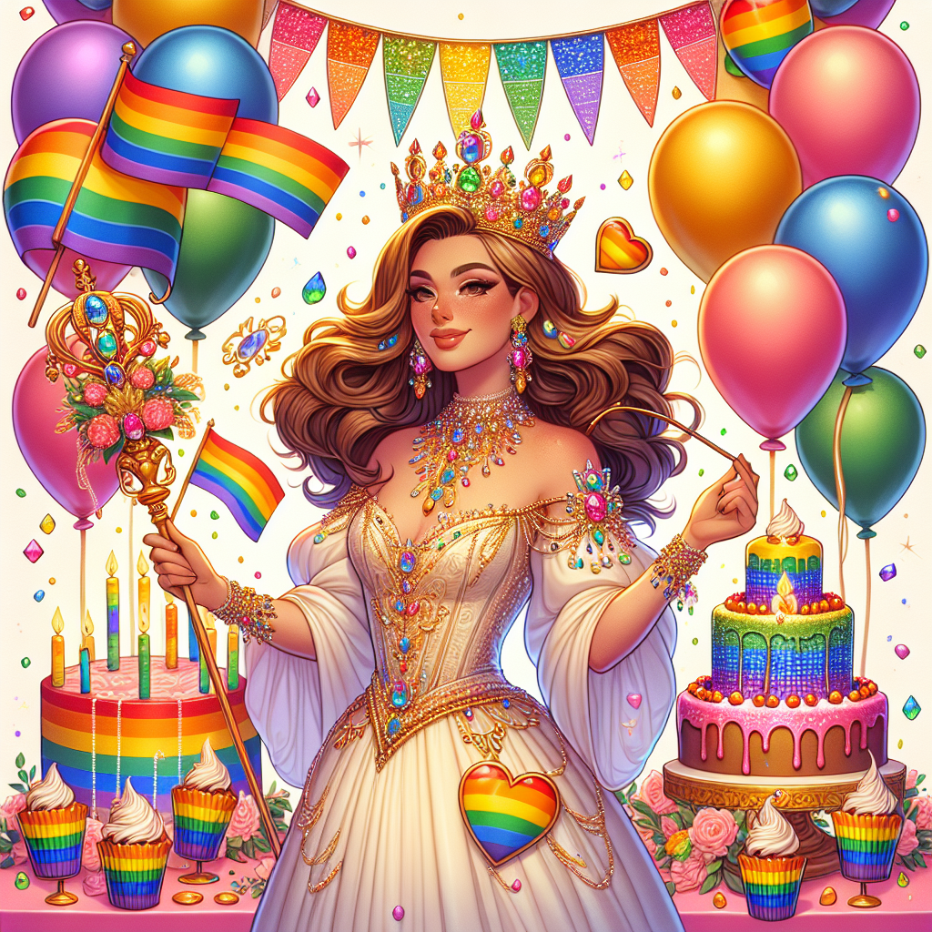 In this lively celebration-themed illustration, a central figure exudes warmth and grace embodying the essence of a public figure, she is surrounded by a burst of symbols often associated with the LGBTQ+ community. She wears a crown adorned with a cavalcade of bright gemstones reflecting the tones of the pride rainbow and holds an ornamental staff topped with a heart. Balloons in a rich spectrum of rainbow hues float around her delicately, a festive banner strung above includes the colors often seen in the pride flag. A delightful addition includes a set of cheerfully decorated cupcakes, each bearing a mini rainbow flag, commemorating the special day with a vibrant, universal spirit.
Generated with these themes: Gay pride , and The queen .
Made with ❤️ by AI.