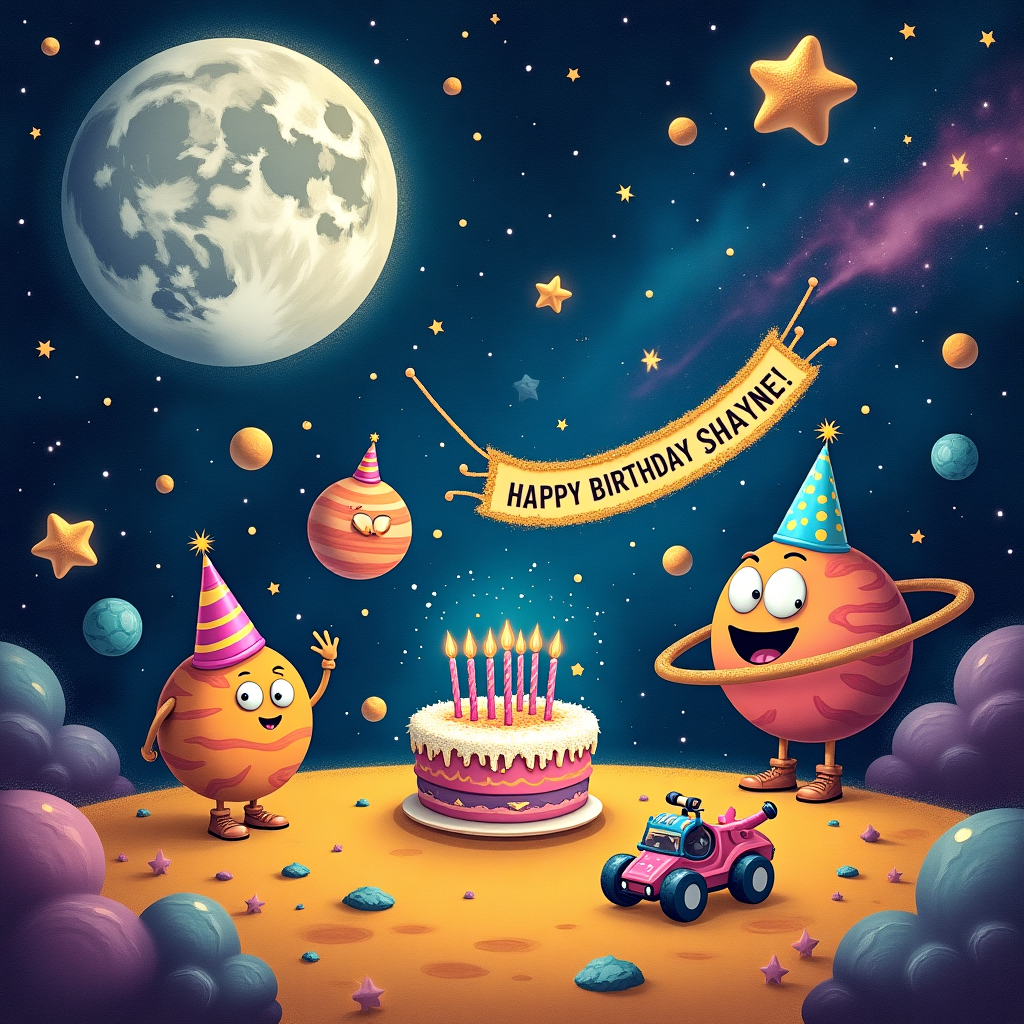 In this whimsical birthday scene for Shayne, imagine a cosmic birthday party taking place on a distant, vibrant galaxy playground. The vast expanse of the universe stretches across the top of the card, filled with shimmering stars twinkling in various hues of silver, blue, and gold, creating a breathtaking celestial tapestry. The scene is dominated by a majestic full moon that sits prominently to the left, casting a gentle, silver glow over the entire scene. Its surface is whimsically etched with the word "Shayne," as though the moon itself is a giant birthday card from the universe.

Below the moon, a group of animated, cheerful planets is gathered. These planets are comically adorned with party hats and are enthusiastically celebrating. Each planet has its own character: one with large googly eyes, another with an expressive face and a mischievous grin. A vibrant, multicolored space banner strung between two comets reads "Happy Birthday Shayne!" in sparkling stardust lettering.

Floating beside this cosmic gathering, a large, round birthday cake hovers in zero gravity, sprinkled with stardust sugar and topped with luminescent candles. The cake is decorated with tiny, spinning galaxies that occasionally emit little bursts of color, like cosmic fireworks. Below, an asteroid field forms a rough yet delightful dance floor, where shooting stars zip around as if in celebration.

On the ground of this celestial playground, a space rover—resembling a fun, futuristic go-kart—sits with a small telescope aimed at the galaxy, inviting Shayne to take a peek at the endless possibilities of the universe. In the background, swirling nebulae add a final touch of wonder to the scene, their ethereal colors blending seamlessly into this joyous cosmic celebration for Shayne's birthday.
Generated with these themes: Starts and galaxy , and Full moon.
Made with ❤️ by AI.