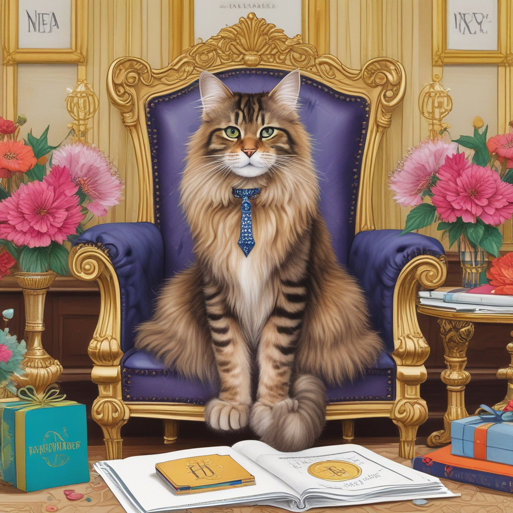 Illustration Cute, This charming illustration features Nena, a regal Maine Coon cat perched on an opulent executive chair, adorned with a gold monogram, amidst an office-turned-party space honoring a 50th birthday. Beside Nena sits a shiny trophy proclaiming 'Entrepreneur of the Year', contributing to the festivity. The air is alive with a flurry of multicolored confetti overhead, suggesting a jubilant atmosphere. Poised to press an exaggerated 'Launch' button on a comically large calculator, Nena seems ready to embark on a fresh business adventure. On the wall behind, the words 'Happy 50th, Nena!' glow warmly in radiant neon script, serving as a testament to the joyous occasion.
Generated with these themes: Create a delightful illustration showing a Maine Coon cat comfortably seated on a plush executive chair which proudly displays a gold monogram of 'Nena'. This setting occurs in an office which has been transformed into a party room, celebrating a 50th birthday milestone. A sparkling trophy bearing the title 'Entrepreneur of the Year' sits beside the cat, adding to the festive mood. Above, floating colorful confetti fills the air. The cat's paw is poised above a red 'Launch' button on a humorously oversized calculator, suggesting the commencement of a new business endeavor and the start of another year. Meanwhile, a jubilant 'Happy 50th, Nena!' can be seen in vibrant neon cursive lights hanging on the wall behind this feline entrepreneur..
Made with ❤️ by AI.