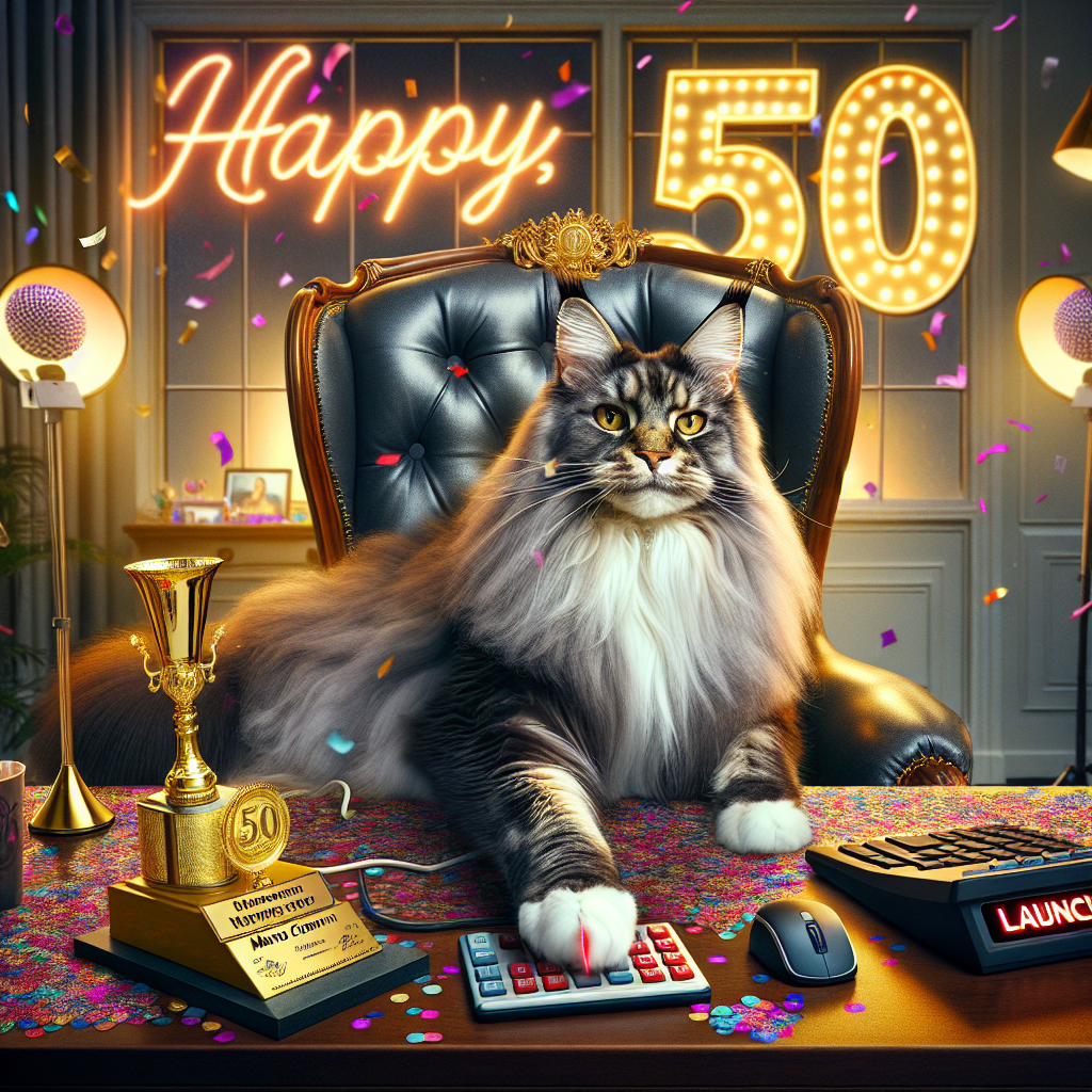 An enchanting image portrays a majestic Maine Coon cat lounging on a luxurious executive chair that bears a gold monogram. The chair is located in an office turned party venue, with a gleaming 'Entrepreneur of the Year' trophy positioned next to the satisfied feline. Above, colorful confetti flutters in the air, embodying the spirit of a 50th birthday event. The cat's paw hovers over a large red 'Launch' button on an oversized calculator, indicating the thrilling start of a new business venture and another year of life. Neon lights in the background spell out 'Happy 50th, Nena!' in gloriously vivacious cursive.
Generated with these themes: Create a delightful illustration showing a Maine Coon cat comfortably seated on a plush executive chair which proudly displays a gold monogram of 'Nena'. This setting occurs in an office which has been transformed into a party room, celebrating a 50th birthday milestone. A sparkling trophy bearing the title 'Entrepreneur of the Year' sits beside the cat, adding to the festive mood. Above, floating colorful confetti fills the air. The cat's paw is poised above a red 'Launch' button on a humorously oversized calculator, suggesting the commencement of a new business endeavor and the start of another year. Meanwhile, a jubilant 'Happy 50th, Nena!' can be seen in vibrant neon cursive lights hanging on the wall behind this feline entrepreneur..
Made with ❤️ by AI.