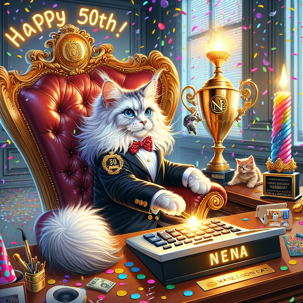 This charming illustration features Nena, a regal Maine Coon cat perched on an opulent executive chair, adorned with a gold monogram, amidst an office-turned-party space honoring a 50th birthday. Beside Nena sits a shiny trophy proclaiming 'Entrepreneur of the Year', contributing to the festivity. The air is alive with a flurry of multicolored confetti overhead, suggesting a jubilant atmosphere. Poised to press an exaggerated 'Launch' button on a comically large calculator, Nena seems ready to embark on a fresh business adventure. On the wall behind, the words 'Happy 50th, Nena!' glow warmly in radiant neon script, serving as a testament to the joyous occasion.
Generated with these themes: Create a delightful illustration showing a Maine Coon cat comfortably seated on a plush executive chair which proudly displays a gold monogram of 'Nena'. This setting occurs in an office which has been transformed into a party room, celebrating a 50th birthday milestone. A sparkling trophy bearing the title 'Entrepreneur of the Year' sits beside the cat, adding to the festive mood. Above, floating colorful confetti fills the air. The cat's paw is poised above a red 'Launch' button on a humorously oversized calculator, suggesting the commencement of a new business endeavor and the start of another year. Meanwhile, a jubilant 'Happy 50th, Nena!' can be seen in vibrant neon cursive lights hanging on the wall behind this feline entrepreneur..
Made with ❤️ by AI.