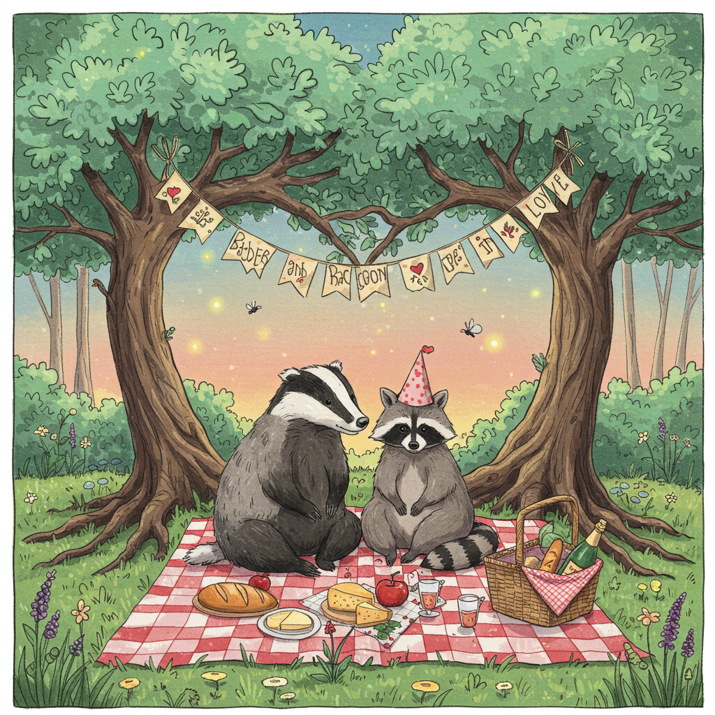In this whimsically detailed Valentine’s Day scene, envision a charming, hand-drawn illustration of a badger and a raccoon nestled together under a grand, heart-shaped oak tree. The oak tree, reminiscent of an Arthur Rackham style, with its intricately twisted branches and lush foliage, forms a natural arch above the couple, its leaves a gradient of deep forest green to soft mint hues, kissed by a hint of pastel pink to reflect the Valentine’s theme.

The badger and raccoon, rendered in the expressive and lively style of Quentin Blake, are sitting atop a red-and-white checkered picnic blanket spread on the grassy woodland floor. The badger, with its signature black and white stripes, wears a little bow tie made of vibrant crimson silk. Next to him, the raccoon sports a small, tilted, paper hat made of pink construction paper, adorned with tiny white hearts.

Nearby, a rustic wooden picnic basket, sketched in the quaint manner of Beatrix Potter, spills over with delightful treats: a loaf of crusty French bread, a block of creamy cheese, and a bottle of sparkling apple cider with two mismatched glasses, reflecting the charming imperfection of the scene.

Suspended in the air above them, a whimsical banner made of entwined vines and blooming wildflowers carries the text “Badger and Raccoon in Love” in a hand-lettered style inspired by Aubrey Beardsley, with flowing, elegant curves and playful flourishes.

In the background, the sky is painted in the magical hues of a Maxfield Parrish twilight, where the warm glow of an orange and pink sunset meets the cool blues of approaching night, dotted with twinkling, star-like fireflies hovering gently above the forest floor.

Scattered around the scene are details in the style of Edward Gorey, such as tiny, curious woodland creatures peeking out from behind the tree trunk and nestled among the roots – a hedgehog here, a pair of mischievous squirrels there, adding depth and life to this enchanted Valentine’s setting.
Generated with these themes: Badger and raccoon in love.
Made with ❤️ by AI.