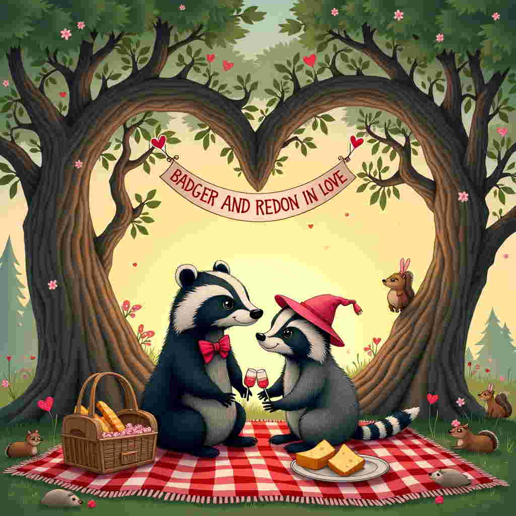 In this whimsically detailed Valentine’s Day scene, envision a charming, hand-drawn illustration of a badger and a raccoon nestled together under a grand, heart-shaped oak tree. The oak tree, reminiscent of an Arthur Rackham style, with its intricately twisted branches and lush foliage, forms a natural arch above the couple, its leaves a gradient of deep forest green to soft mint hues, kissed by a hint of pastel pink to reflect the Valentine’s theme.

The badger and raccoon, rendered in the expressive and lively style of Quentin Blake, are sitting atop a red-and-white checkered picnic blanket spread on the grassy woodland floor. The badger, with its signature black and white stripes, wears a little bow tie made of vibrant crimson silk. Next to him, the raccoon sports a small, tilted, paper hat made of pink construction paper, adorned with tiny white hearts.

Nearby, a rustic wooden picnic basket, sketched in the quaint manner of Beatrix Potter, spills over with delightful treats: a loaf of crusty French bread, a block of creamy cheese, and a bottle of sparkling apple cider with two mismatched glasses, reflecting the charming imperfection of the scene.

Suspended in the air above them, a whimsical banner made of entwined vines and blooming wildflowers carries the text “Badger and Raccoon in Love” in a hand-lettered style inspired by Aubrey Beardsley, with flowing, elegant curves and playful flourishes.

In the background, the sky is painted in the magical hues of a Maxfield Parrish twilight, where the warm glow of an orange and pink sunset meets the cool blues of approaching night, dotted with twinkling, star-like fireflies hovering gently above the forest floor.

Scattered around the scene are details in the style of Edward Gorey, such as tiny, curious woodland creatures peeking out from behind the tree trunk and nestled among the roots – a hedgehog here, a pair of mischievous squirrels there, adding depth and life to this enchanted Valentine’s setting.
Generated with these themes: Badger and raccoon in love.
Made with ❤️ by AI.