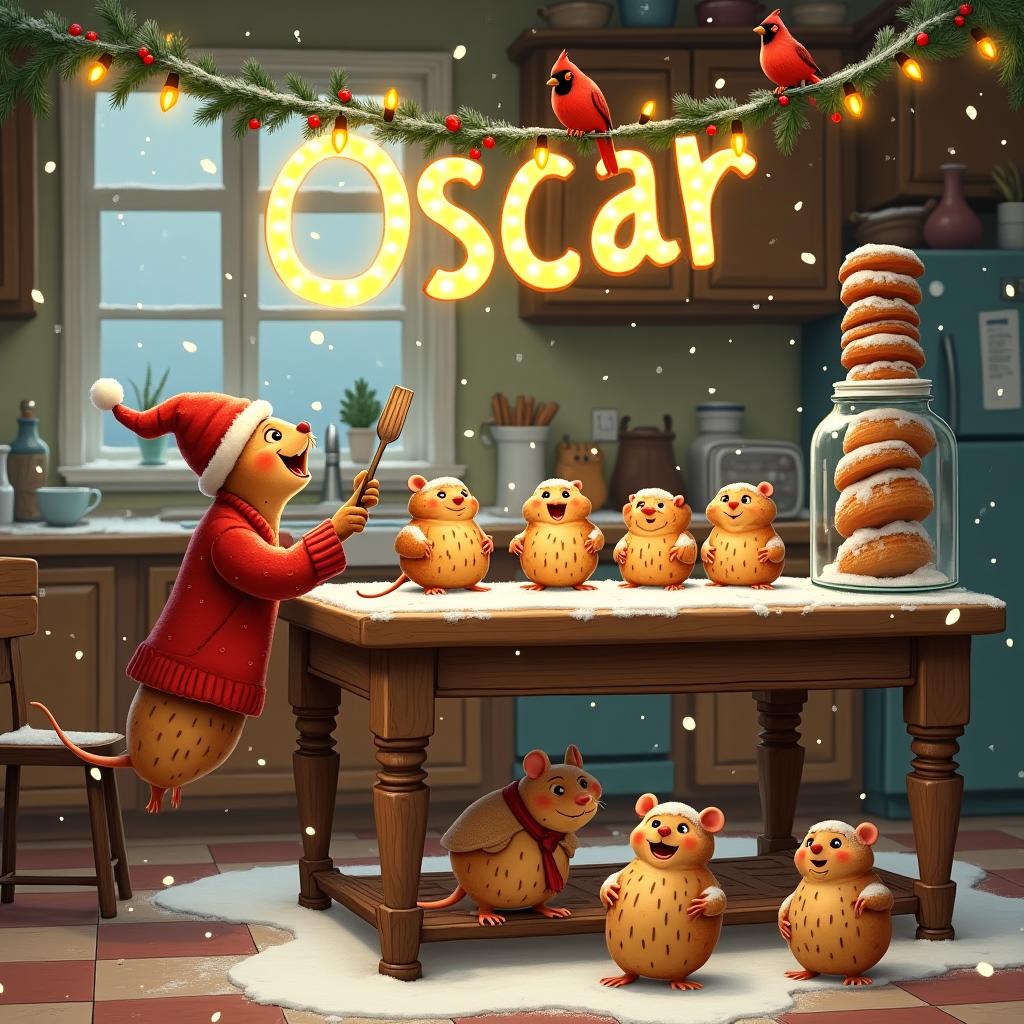 The scene is a whimsical Christmas morning inside a cozy, rustic kitchen where a group of animated pain au chocolat pastries are gleefully orchestrating their own festive celebration. The kitchen is quaint, with wooden cabinets, a checkered floor, and a large farmhouse table at the center. The table is strewn with holiday trinkets: a string of cranberries, cinnamon sticks, and a few sprigs of holly.

In the foreground, a particularly cheerful pain au chocolat, wearing a tiny Santa hat, is standing on the kitchen counter, holding a spatula like a conductor's baton, as it directs a choir of other pastries, each with tiny raisin eyes and almond slivers for smiles. They are singing enthusiastically while perched on a bed of flour, which adds a snowy effect to the scene.

Above the table, dangling from the ceiling, is a banner made from twinkling Christmas lights spelling out "Oscar." The letters are cleverly formed with chocolate drizzle and glowing warmly, capturing the festive essence of the scene.

To the side, a small, mischievous mouse in a miniature Christmas sweater is seen trying to climb a stack of teacups to reach a towering glass jar filled with more pain au chocolat. The backdrop features a window, through which a gentle snowfall can be seen, with a few cardinals perched on a nearby snow-dusted branch.

The illustration nods to Beatrix Potter with the mouse's whimsical attire, while the animated pastries bring in the playful spirit reminiscent of Quentin Blake's work. The kitchen's intricate details and cozy atmosphere take inspiration from the elaborate settings of Edward Gorey and Arthur Rackham, offering a delightful and humorous Christmas scene with a uniquely personal touch for Oscar.
Generated with these themes: Christmas pain au chocolate.
Made with ❤️ by AI.