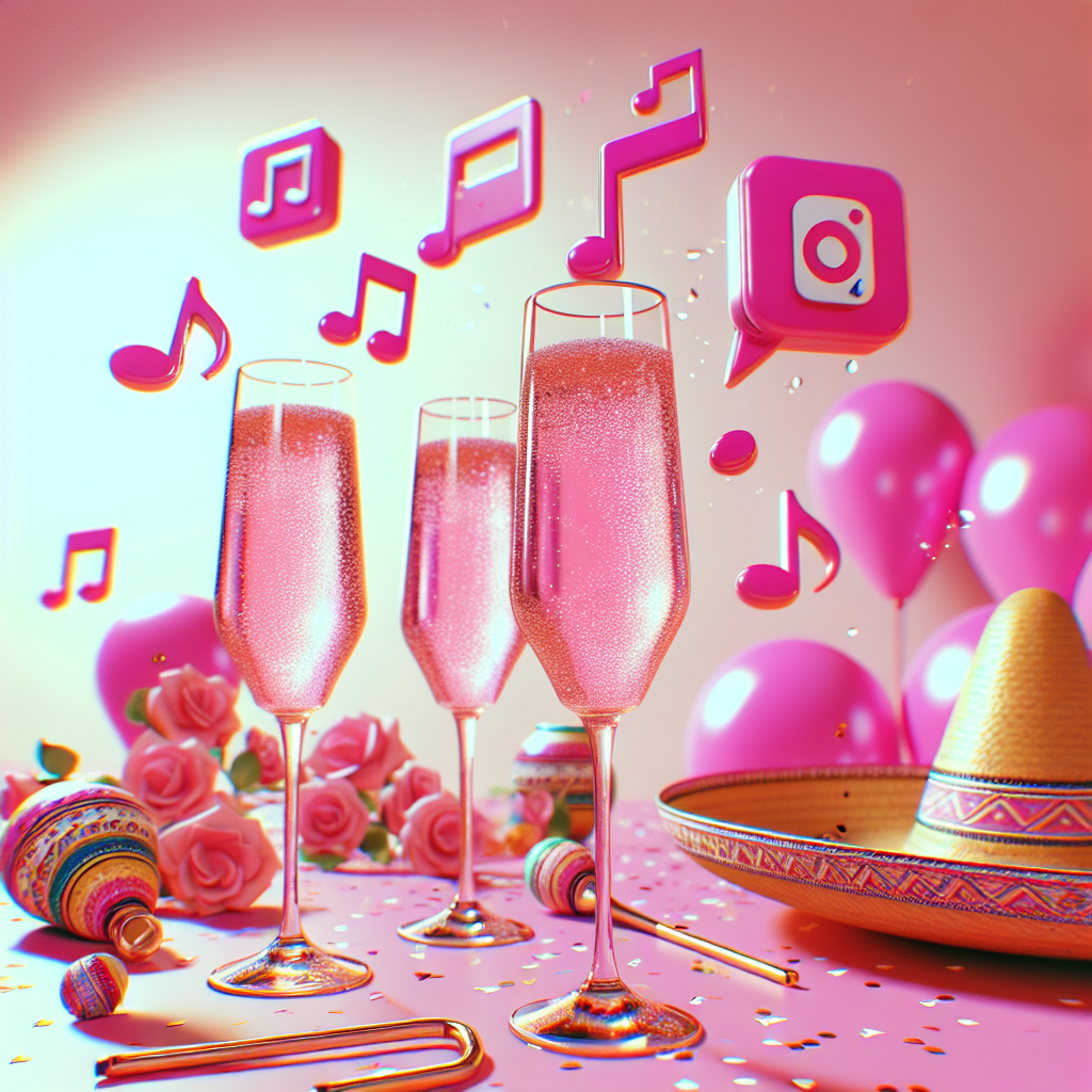 Generate an illustration that depicts a vibrant birthday celebration environment filled with pink hues. In this setting, festive glass flutes filled with bubbly Prosecco are placed on a table. Symbolic shapes from a popular short-form video app and musical notes can be seen floating around, adding to the contemporary visual appeal. Traditional Mexican elements such as a sombrero and maracas are included, providing a cultural twist. The scene is further enhanced by pink balloons and confetti that amplify the festive mood, thus creating a charming and modern birthday scene.
Generated with these themes: Pink, Prosecco, Tiktok , and Mexico.
Made with ❤️ by AI.