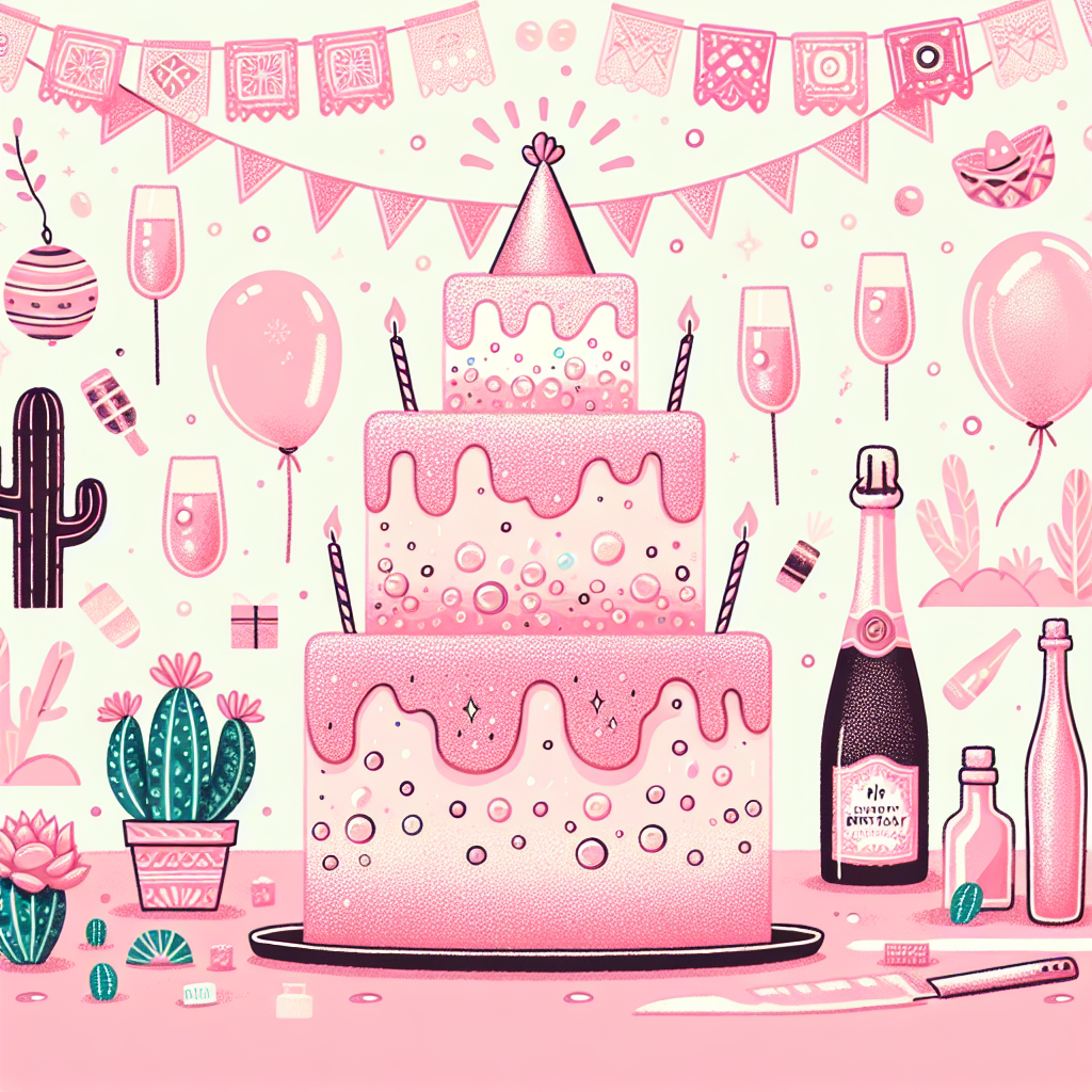 Illustrate a whimsical birthday celebration. The centerpiece of this party is a pastel pink birthday cake, shimmering with bubbles, similar to sparkling Prosecco. The icing should be designed to mimic the frame of a popular short video app. Surrounding this cake, design elements inspired by Mexican culture add a vibrant, festive touch. Include details such as 'papel picado' banners and cactus plants. Overlay the entire scene with a filter of soft pink hues, giving the scene a unified and playful vibe that feels modern and fresh.
Generated with these themes: Pink, Prosecco, Tiktok , and Mexico.
Made with ❤️ by AI.