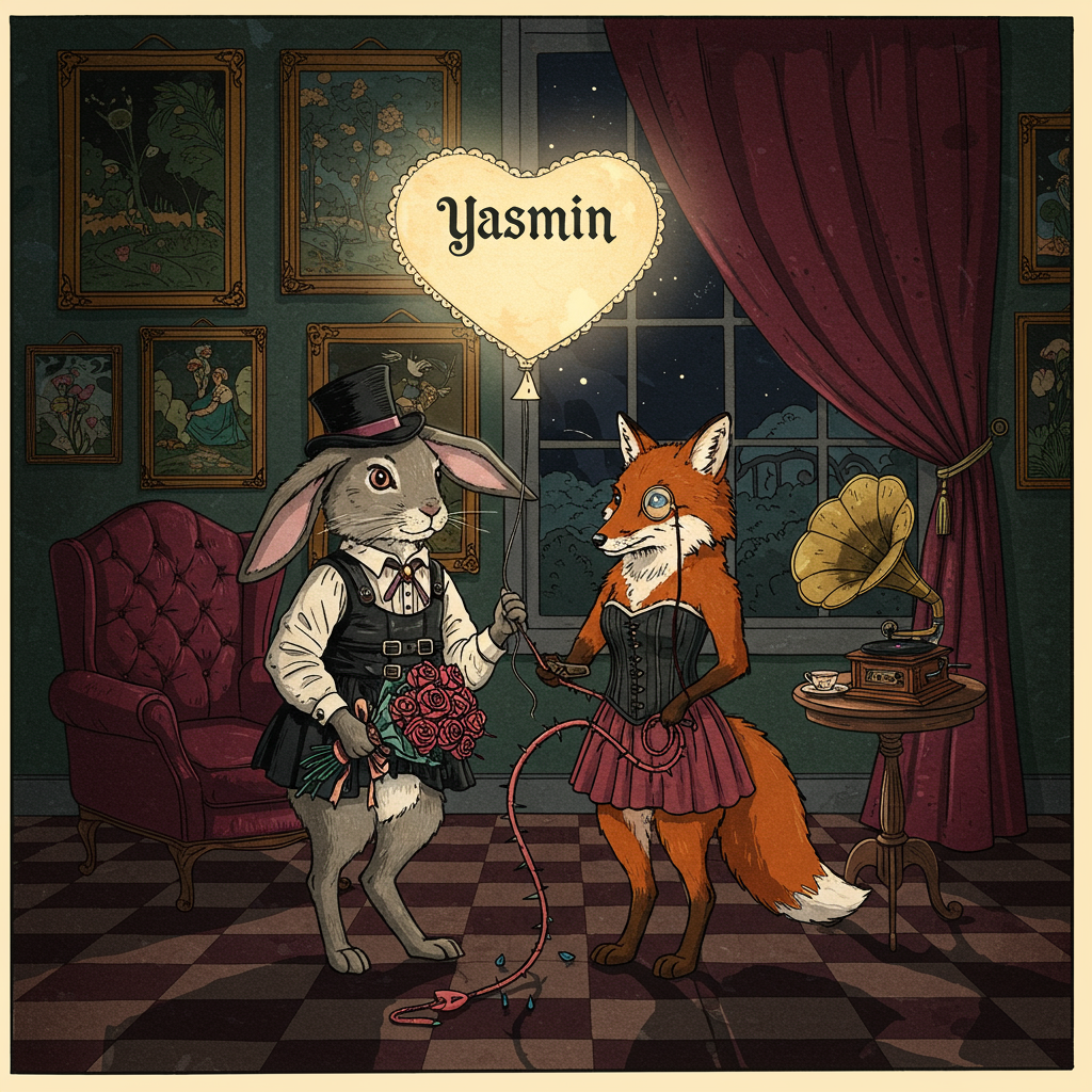 In the foreground, imagine a charmingly cheeky scene featuring two anthropomorphic characters: a rabbit and a fox. They're dressed in playful, vintage-style BDSM gear reminiscent of Edward Gorey’s humorous yet dark detailing. The rabbit, wearing a black leather harness and a top hat slightly askew, is holding a bouquet of heart-shaped roses with spiked stems, adding a twist of whimsy and intrigue.

The fox, standing beside the rabbit, is wearing a corset and tiny bow tie. The fox holds a small, cheeky whip made of soft, colorful ribbons—more playful than threatening. The fox has a monocle perched upon one eye, echoing Quentin Blake’s spirited line work.

In the background, an ornate Victorian-style room, reminiscent of Aubrey Beardsley’s intricate settings, sets the scene. A grand, velvet-curtained window lets in moonlight that casts long, playful shadows on the checkered floor below. On the walls hang vintage paintings in heavy, golden frames that could belong to Maxfield Parrish's world, featuring soft, pastel colors and idyllic landscapes.

Near the top of the card, in a whimsical hand-lettered banner, the name "Yasmin" is woven into a heart-shaped balloon that floats gently, tethered to the rabbit’s wrist. This balloon, unlike any other, glows with a soft luminescent quality that gently contrasts the darker tones below.

Incorporate a few scattered elements, such as a plush, oversized armchair in deep burgundy, a small, elegant side table with a silver tray holding a cup of tea, and an antique gramophone with a large, brass horn. These details, echoing Arthur Rackham’s appreciation for cozy domestic scenes, ground the setting in a comfortable yet distinctly playful atmosphere.
Generated with these themes: BDSM .
Made with ❤️ by AI.