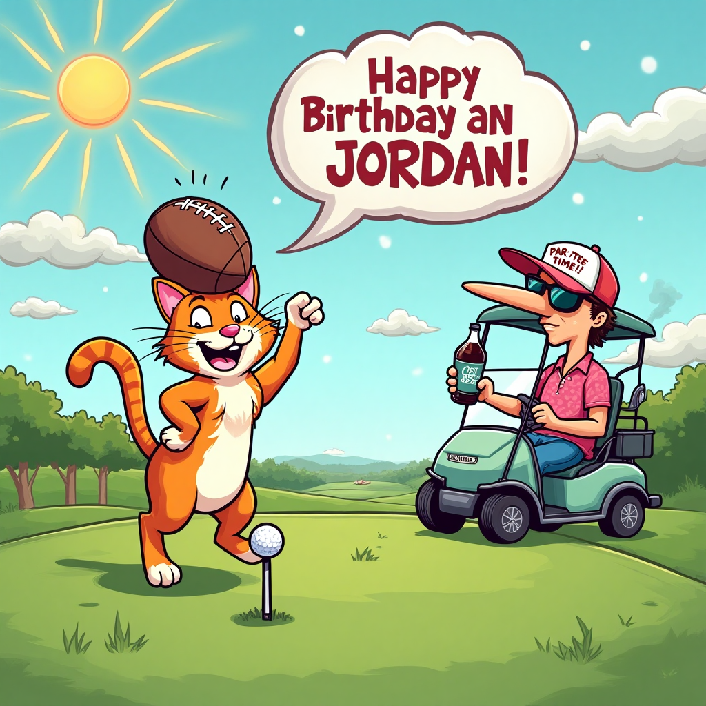 At the top of the Cartoon Style image, write "Happy Birthday Jordan" in bold, playful lettering.

**Image Description:**
A whimsical and vibrant cartoon scene set on a golf course. In the foreground, a ginger and white cat is playfully balancing a football on its head while standing on a golf tee. The cat has a cheeky grin, its tail flicked high in the air. Nearby, a quirky cartoon golfer, with an exaggeratedly large nose, is holding a golf club in one hand and a diet coke in the other. The golfer is wearing a cap that reads "Par-tee Time!" in bold letters. 

In the background, a cartoon cloud of vape smoke swirls above a golf cart, where another character, wearing oversized sunglasses and a colorful golf outfit, is lounging with a diet coke in hand, seemingly unfazed by the cat's antics. The sun shines brightly, casting cartoonish rays, and there are cartoon-style "whiff" lines around the cat's football, adding a dynamic feel to the image.

A speech bubble coming from the ginger and white cat reads: "Purr-fectly balanced on the green!"
Generated with these themes: Golf, football, ginger and white cat, diet coke, vaping, and .
Made with ❤️ by AI.