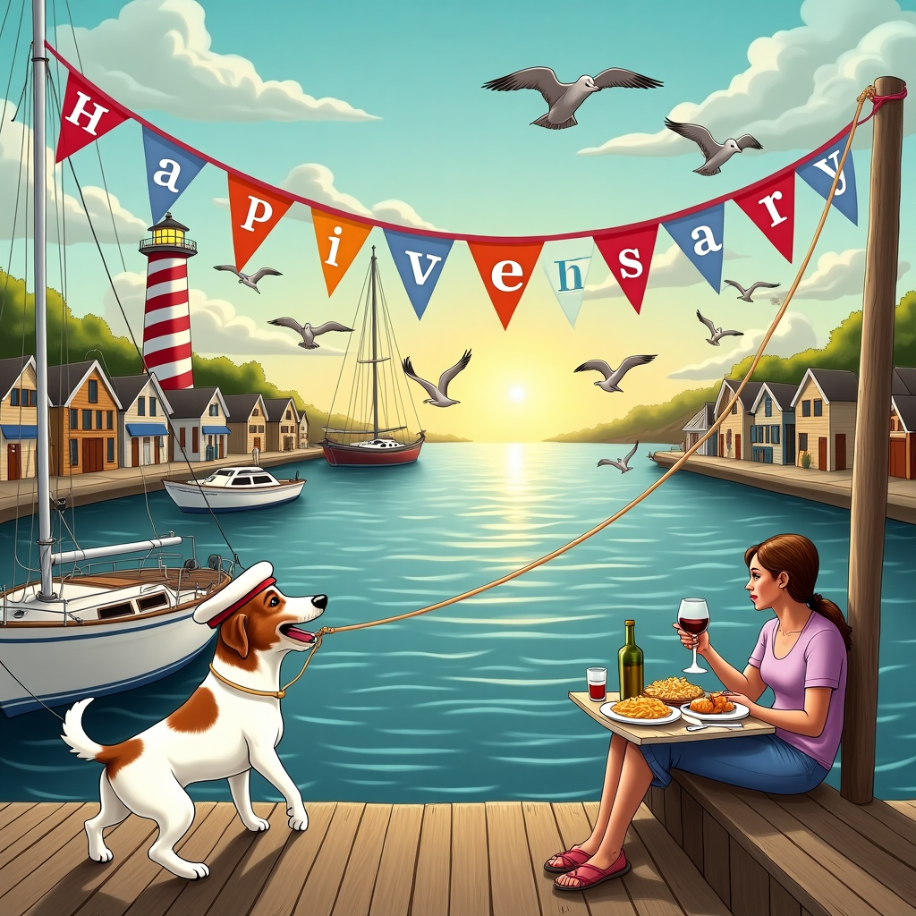 In a bustling little harbor, where the sun is just beginning to dip below the horizon and cast a golden glow on the rippling water, a delightful scene unfolds. The harbor is lined with quaint, colorful shacks and small boats bobbing gently at their moorings. In the foreground, a jubilant Jack Russell terrier is at the center of the action. This spunky little dog, with its signature white coat and brown patches, is wearing a sailor's hat that's just a bit too big, giving it a comically adventurous look. The Jack Russell is playfully tugging at a long string of colorful pennant flags that run from one mast of a docked boat to a wooden post on the pier. Each flag features a letter, and together they spell out "Happy Anniversary Sharon!" in bold, vibrant colors that stand out against the serene blues and greens of the harbor. Behind the dog, a couple is sitting on the edge of the dock, feet dangling over the water, sharing a plate of fish and chips with a bottle of wine between them—clearly in the middle of a joyous celebration. Overhead, a flock of seagulls is soaring in formation, and one of them mischievously holds a trailing end of the pennant string, adding to the light-hearted chaos. In the background, a classic lighthouse with its spiraling red and white stripes stands tall, while a group of friendly dolphins leaps playfully through the water, creating a sense of harmony and jubilance in this unique anniversary harbor scene.
Generated with these themes: Jack russell, and Harbour.
Made with ❤️ by AI.