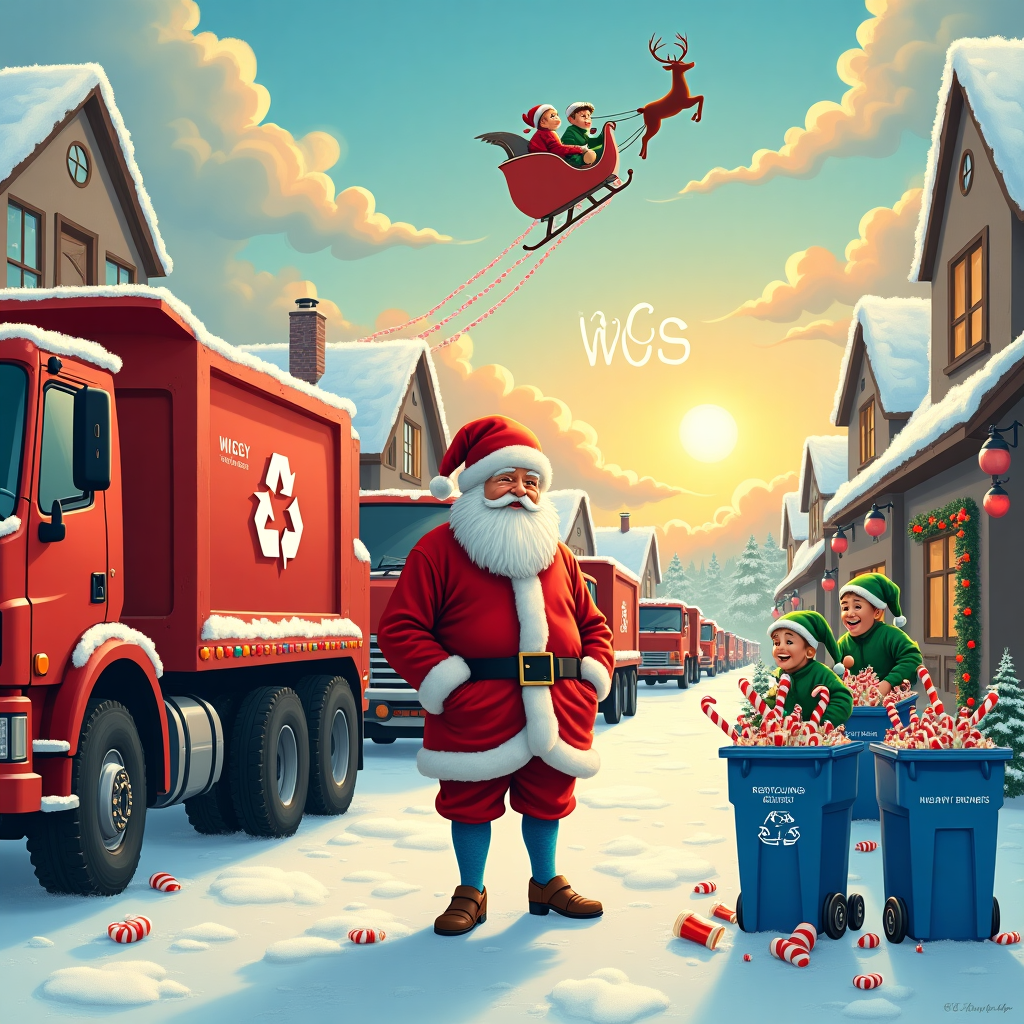 In the bustling, snow-blanketed streets of a whimsical Christmas village, a hilariously unconventional scene unfolds. In the center, jolly old Santa Claus stands proudly, sporting a pair of blue socks peeking out from beneath his red suit, paired with brown open-toe sandals—a fashion statement even the elves are baffled by. Santa is enthusiastically orchestrating a recycling parade. Behind him, a line of bright red garbage trucks, each emblazoned with a large white recycling symbol, rumbles along the cobblestone street. Their sides glisten with festive lights as they glimmer in the afternoon sun, casting colorful reflections on the snow. One of the trucks has a cheeky banner that reads "Merry Recycling!" in swirly letters.

Nearby, a curious group of elves in green hats and coats are gathering blue recycling bins filled with colorful wrapping paper, broken candy canes, and an assortment of tinsel. They cheerfully toss the recyclables into the open backs of the trucks, adding a touch of playful chaos to the scene.

Above this quirky tableau, the sky is painted in soft pastel hues as the sun sets. Among the fluffy, marshmallow-like clouds, the letters "WCS" are subtly but cleverly formed by trailing streaks of smoke from Santa's sleigh, flying high above the parade. The sleigh is silhouetted against the vibrant sky, with Rudolph leading the charge, his nose glowing a bright, festive red.

In the background, charming cottages with snow-covered roofs and twinkling lights line the street. The card's edges are adorned with delicate illustrations of holly and candy canes, framing the bustling Christmas scene in a way that makes the whole composition pop with humor and holiday cheer.
Generated with these themes: Santa wearing Blue socks and Brown open-toe sandals, Red garbage trucks with white recycling symbol , and Blue bin recycling.
Made with ❤️ by AI.