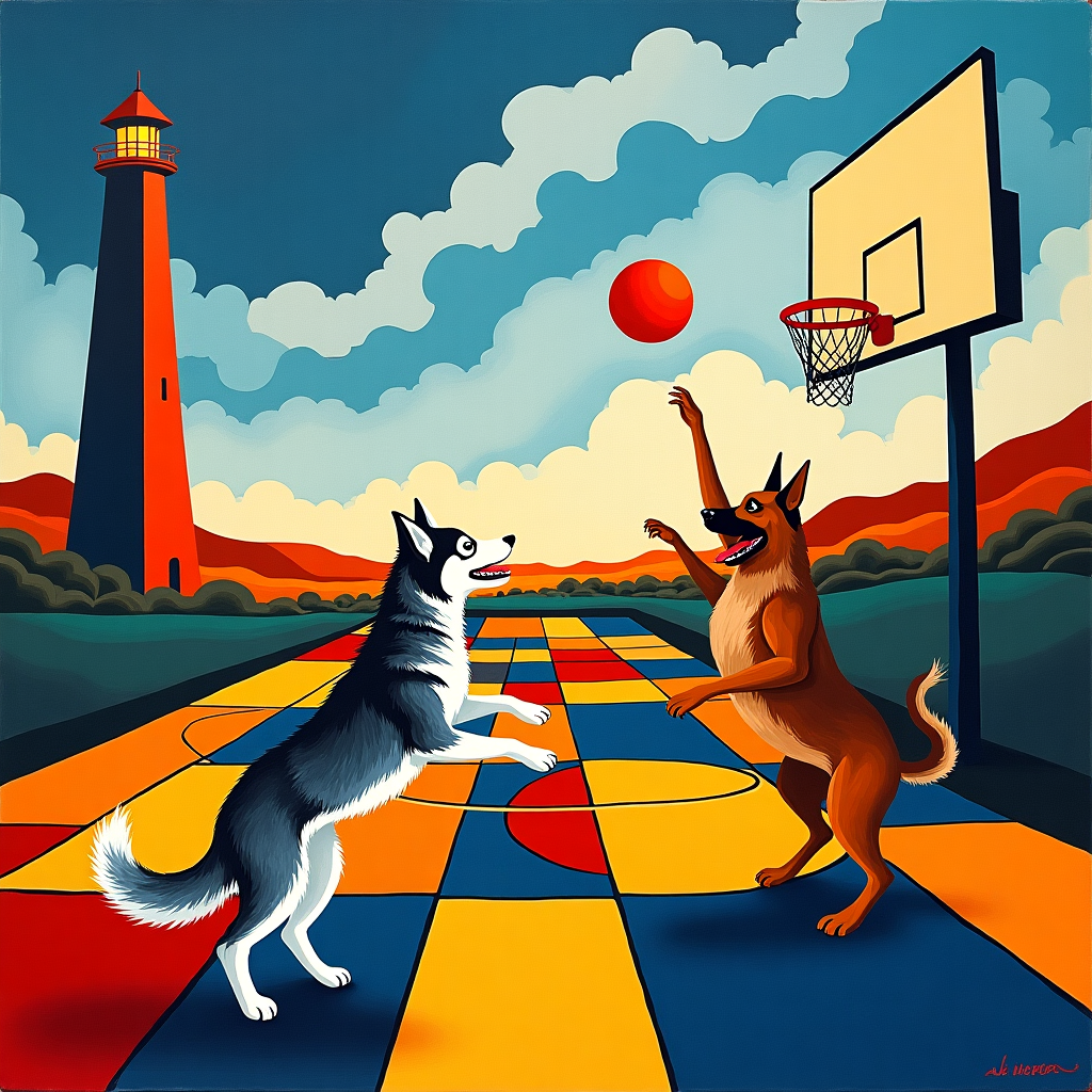 In this abstract birthday scene, imagine a surreal basketball court nestled amidst the vibrant, rolling hills of Maryland. The court is painted with bold, geometric patterns reminiscent of Piet Mondrian’s use of primary colors and intersecting lines, forming a labyrinthine play of shapes across the court’s surface. To the left, a towering, dreamlike structure, echoing the angular forms of Kazimir Malevich, rises into the sky—a fantastical interpretation of a Maryland lighthouse, its bright beams illuminating the scene.

On the court, a Husky Dog and a German Shepherd engage in a spirited game of basketball. The Husky, with its shimmering gray and white fur, appears mid-jump, paws poised in the air as if to slam-dunk the ball. The German Shepherd, portrayed with dynamic strokes in the style of Willem de Kooning, guards the hoop with intense focus. Their movement is captured with the energetic splatters and drips inspired by Jackson Pollock, adding a sense of motion and urgency.

Above them, the sky unfolds in a mesmerizing expanse of colors inspired by Mark Rothko, layers of deep blues and fiery oranges melding together. In this ethereal backdrop, clouds are whimsically twisted into the letters of "Derrick Evans," as if written by the hand of Joan Miró, creating an elegant birthday greeting suspended in the sky. At the edge of the scene, gentle strokes resembling Agnes Martin’s subtle lines form a horizon of distant Maryland countryside, providing a serene contrast to the vivid action in the foreground. This entire scene tells a story of playful competition and celebrates Derrick Evans, whose name is etched among the heavens in a uniquely abstract homage.
Generated with these themes: Husky Dog , Basketball, Maryland, and German Shepherd.
Made with ❤️ by AI.