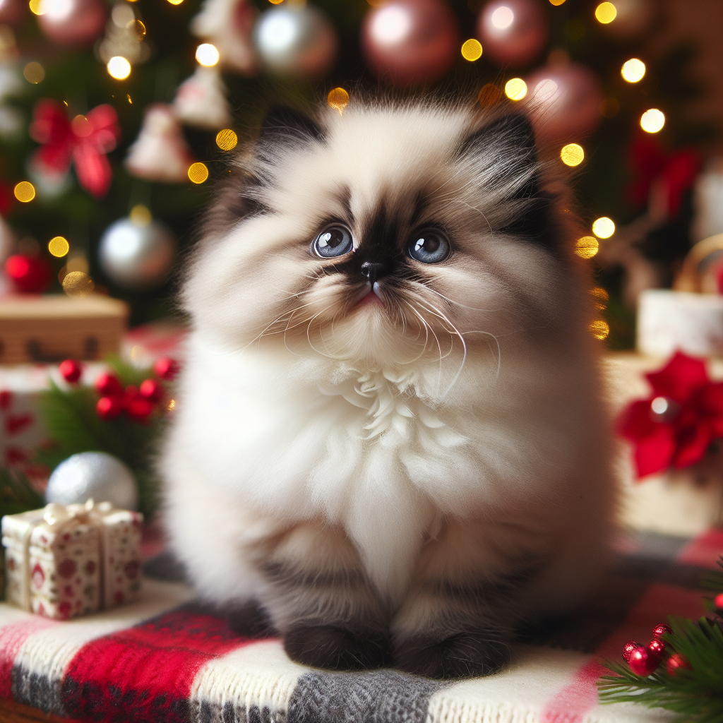 A plump Himalayan kitten sits cozily in a Christmas-themed setting, surrounded by festive decorations. The kitten's fluffy white and black coat makes it look like a tiny, cuddly snowball. Its wide, sparkling eyes gaze up with curiosity.
.
Made with ❤️ by AI.