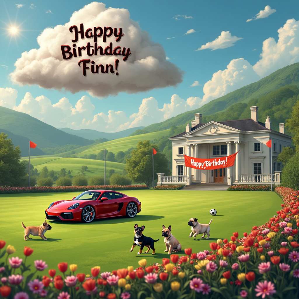 In the scene, imagine a sprawling, lush soccer field stretched out before you, with vividly green, rolling hills in the background. The sun is shining brightly in a cloudless sky, except for a single fluffy cloud that spells out "Happy Birthday Finn!" in curly, whimsical letters. 

On one side of the soccer field, a sleek, red Porsche is parked with its doors open, the glint of its metallic finish reflecting the sunlight. The car is parked in front of a grand mansion, with elegant columns and large windows that give it a luxurious feel. The mansion is surrounded by a meticulously maintained flower bed, bursting with colorful tulips, roses, and daisies that add vibrant splashes of red, yellow, and pink to the scene.

Near the edge of the soccer field, there is a group of playful puppies frolicking around. They are adorable with their fluffy fur, big eyes, and wagging tails. One of the puppies is wearing a tiny black tuxedo, adding a touch of humor and elegance to the playful scene. 

In the center of the soccer field, there is a large banner strung between two goalposts that also says "Happy Birthday Finn!" in bold, festive letters. The banner is adorned with balloons and streamers, fluttering in the gentle breeze. 

All these elements come together to create a vibrant, detailed scene that not only celebrates the recipient's birthday but also showcases their achievement in a fantastical, humorous way.
Generated with these themes: Soccer field, Porsche, Mansion, Rolling green hills, Flower bed, Puppies, and Tuxedo.
Made with ❤️ by AI.