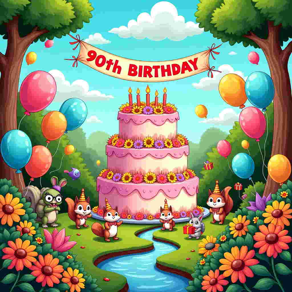 In the vibrant scene, picture a bustling garden party where everything is magnified with joyful exaggeration. The backdrop is a sunny, cloud-dotted sky with fluffy white clouds shaped like whimsical flowers. A gigantic, colorful banner flutters high above, strung between two cartoonishly tall trees with exaggerated leaves. The banner reads "90th Birthday" in bold, playful letters that resemble twisting balloons, their hues a mix of vibrant pink, sky blue, and sunny yellow.

At the center, a colossal three-tiered birthday cake towers with gleeful splendor. Each tier is covered in pastel pink frosting, adorned with oversized, polka-dotted candles, bending and twisting as if caught mid-dance. Tiny cartoon flowers, with large, friendly faces and exaggerated petals, sprout cheerfully from the cake's sides, seeming to nod in the gentle breeze.

Surrounding the cake are clusters of buoyant balloons in all imaginable colors—electric blues, bright reds, and vivid greens. Each balloon is personified with a pair of googly eyes and a wide, cheerful grin, bobbing merrily as if part of the celebration.

In the foreground, an assortment of cartoon animals dressed in festive party hats gather around. A squirrel with oversized cheeks holds a garland of vibrant daisies, a pair of rabbits in suspenders eagerly clutch a gift-wrapped box with exaggeratedly large bows, and a tortoise wearing comically large glasses stretches its neck to peek at the cake.

The ground is a lush carpet of grass dotted with oversized cartoon flowers—sunflowers with smiling faces, daisies with playful polka dots, and roses with petals shaped like soft, swirling spirals.

In the background, a stylized, winding stream flows with exaggerated ripples and gentle cartoon fish that pop their heads above the water, wearing tiny, pointy party hats.

The entire scene is framed by vibrant, wavy lines reminiscent of a dynamic comic strip, with each element outlined boldly to accentuate the playful chaos of the grand 90th birthday celebration.
Generated with these themes: 90th Birthday , Flowers , Cake , and Balloons .
Made with ❤️ by AI.