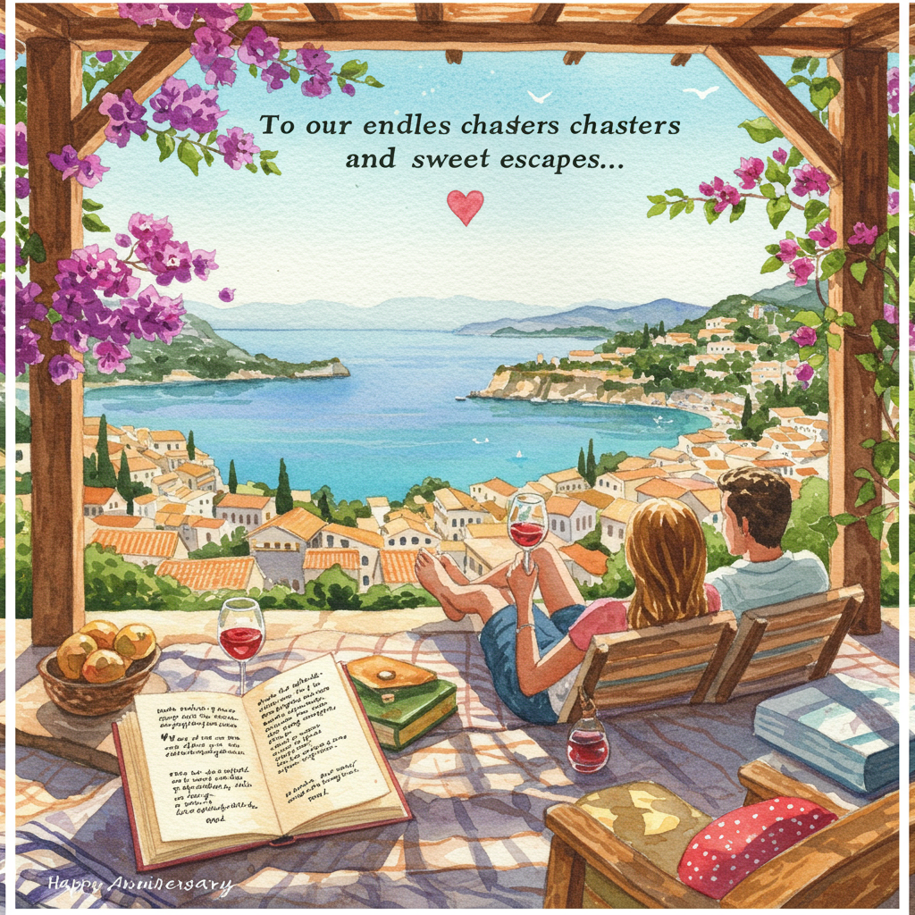 At the bottom of the Watercolor Style image, include the text: **Happy anniversary babe**

---

Visualize a romantic, tranquil scene set on the enchanting island of Corfu. In the foreground, capture a cozy outdoor nook where a couple lounges contentedly. The watercolor painting showcases the delicate interplay of sunlight and shadow, as they relax with a glass of wine in hand. The background reveals a stunning panorama of Corfu’s coastline, painted with soft blues and greens that seamlessly blend into the horizon. 

Near the couple, an open book rests invitingly, its pages gently catching the light breeze, hinting at a shared story or adventure. Include soft touches of blooming bougainvillea flowers, their vibrant pinks and purples contrasting beautifully against the serene seascape. The watercolor style infuses the scene with a dreamy, romantic atmosphere, capturing the essence of a perfect anniversary moment.

A whimsical touch: An ethereal message subtly blends into the scene, saying, "To our endless chapters and sweet escapes..."
Generated with these themes: Corfu, Glass of wine, relaxing, reading, and .
Made with ❤️ by AI.