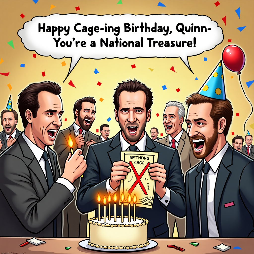 At the top of the illustration image, "Happy Cage-ing Birthday, Quinn – You’re a National Treasure!"

An illustrated image in a cartoon style featuring Nicholas Cage dressed as multiple versions of himself from iconic films, all celebrating Quinn’s birthday. There's Action Cage from "Face/Off" blowing out birthday candles shaped like dynamite, Adventure Cage from "National Treasure" holding a treasure map with a big red X over a birthday cake, and Dramatic Cage from "Leaving Las Vegas" wearing a party hat and holding a balloon shaped like his face. They’re all in a chaotic but hilarious party scene, with confetti flying and Cage clones cheering wildly. A banner above them reads, “Put the bunny in the birthday box!” in smaller comic-style font.
Generated with these themes: Nicholas Cage.
Made with ❤️ by AI.