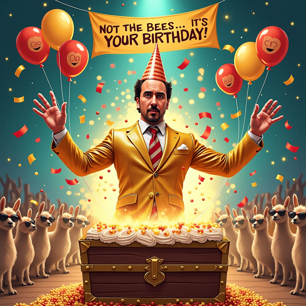 **Prompt:**

At the top of the illustration image, “Happy Birthday, Quinn – You’ve Just Been Cage-Aged!”

An illustration-style image featuring a comically exaggerated Nicholas Cage dressed as a wild party version of himself in a sparkling birthday suit made of gold sequins, mid-action pose, dramatically bursting out of a giant birthday cake shaped like a treasure chest. Confetti flies everywhere as balloons float by with his face on them in various iconic Cage expressions (Face/Off, National Treasure, Con Air, etc.). In the background, a party crowd of llamas in sunglasses and Nicolas Cage masks dance under disco lights. A banner reads "Not the Bees... it's Your Birthday!" hanging skew-whiff above the scene. Overall tone is bright, surreal, and hilarious.
Generated with these themes: Nicholas Cage.
Made with ❤️ by AI.