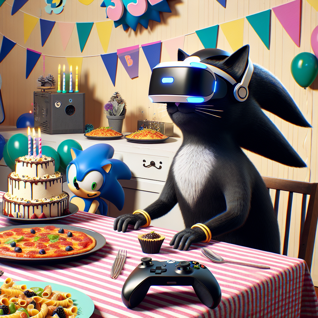 Visualize a delightful birthday scene. At the heart of the celebration stands a sleek black cat donning a VR headset, suggesting a theme that favors tech enthusiasts. Adding to this gaming ambiance is an Xbox controller resting nearby. The party atmosphere is enhanced by cheerfully decked out decorations. A table is richly laden with servings of pasta and inviting slices of pizza. Behind a delectably designed birthday cake, a playful blue anthropomorphic creature, vaguely reminiscent of a hedgehog, is peeking out, ready to join the festive tableau.
Generated with these themes: Black cat , Vr headset, Xbox, Pasta, Pizza , and Sonic the hedgehog .
Made with ❤️ by AI.