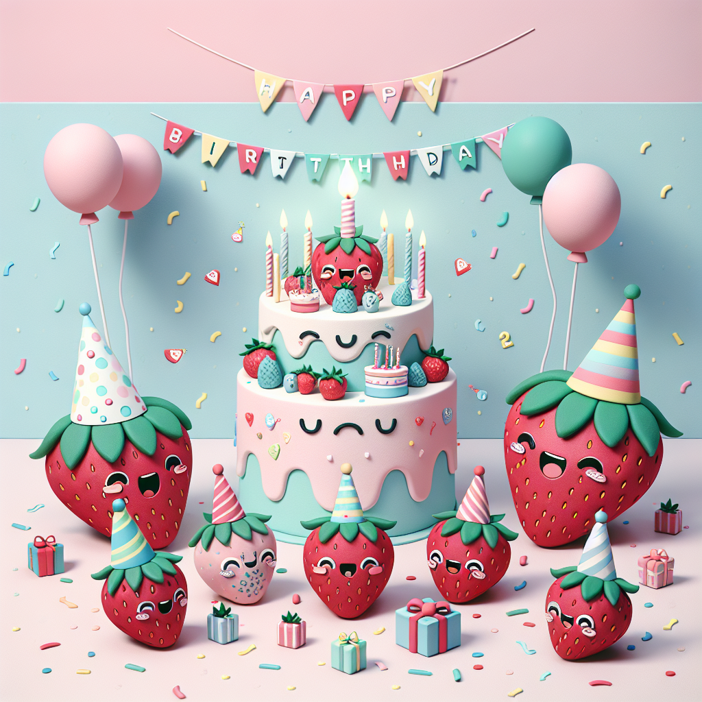 Generate a cheery birthday-themed illustration that portrays a fun scene of anthropomorphic strawberries celebrating a birthday party. Each strawberry character is distinguished by quirky, minimalist tattoos featuring mini cakes, balloons, and birthday hats. A pastel-colored backdrop adds a soft touch to the image, dotted with confetti, and dominating the centre is a large, festively bedecked cake that resonates with joy and sweetness.
Generated with these themes: Tattoos and strawberries.
Made with ❤️ by AI.