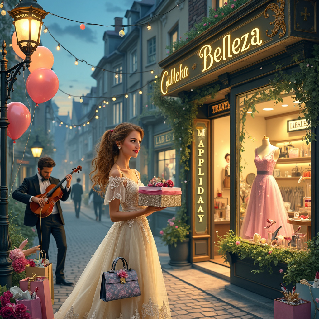 The scene unfolds in a whimsical, bustling street reminiscent of a vintage European market square, capturing a delightful birthday celebration. The cobblestone street is lined with quaint boutique shops, each with charming hand-painted signs and elaborate window displays. The centerpiece of the scene is a stylish young woman, adorned in a chic designer dress inspired by classic couture with intricate lace and pearl embellishments. She stands in front of a luxuriously adorned makeup shop, its golden sign reading "Belleza Boutique."

In her left hand, she holds a beautifully wrapped gift box decorated with sparkling ribbons and a tag that says, "Happy Birthday!" Her right hand clasps a classic designer handbag, reminiscent of a Hermes Birkin, overflowing with colorful makeup products—lipsticks, blushes, and shimmering eyeshadows. Her expression is one of sheer delight as she gazes at a shop window display featuring a designer dress on a mannequin, complete with a price tag that whimsically trails down to the cobblestone ground, indicating its extravagant price.

Around her, other details add to the richness of the scene: an ornate street lamp festooned with birthday balloons in pastel colors; a nearby vintage beauty parlor with an old-fashioned sign displaying a large red lipstick; and a chic boutique named "Label Lust" with its windows showcasing high-end designer labels, shoes, and sparkling jewelry. A street musician nearby plays a lively tune on a violin, his open violin case collecting coins and bills from generous passersby.

In the background, a charming cafe with outdoor seating shows friends raising their glasses in a birthday toast. The table is adorned with a small, elegant birthday cake, and beside it, shopping bags from high-end stores spill over with tissue paper and birthday gifts. The sky above is painted in soft twilight hues, with fairy lights strung between the buildings adding a magical touch.

All these elements come together to create a richly detailed, enchanting birthday scene that seamlessly blends themes of makeup, money, designer labels, shopping, and beauty into a delightful storybook illustration.
Generated with these themes: Make up , Money, Designer labels, Shopping, and Beauty.
Made with ❤️ by AI.