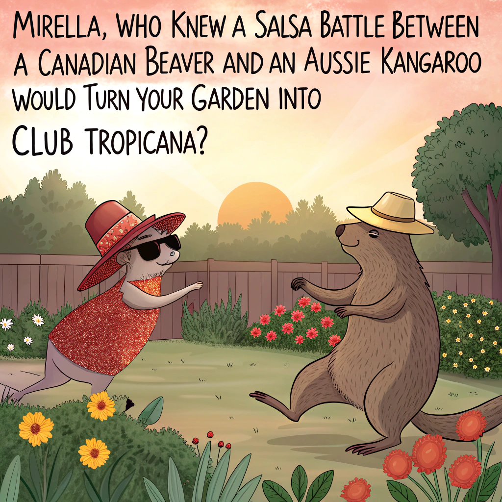 At the top of the image, "Mirella, who knew a salsa battle between a Canadian beaver and an Aussie kangaroo would turn your garden into Club Tropicana?"

- In the center of the realistic photo, depict a hilarious backyard garden scene at sunset: a Canadian beaver wearing a red sequined fedora and the Aussie kangaroo in aviator sunglasses are mid-Latin dance duel, salsaing between tomato plants and oversized marigolds. Mirella, dressed in a flamboyant ruffled salsa dress and muddy gardening boots, is dramatically waving a watering can like a judge's score paddle. A eucalyptus tree leans in, covered in disco lights, and garden gnomes form a conga line in the background.
Generated with these themes: Latin Dancing, Gardening, Australia, and Canada.
Made with ❤️ by AI.