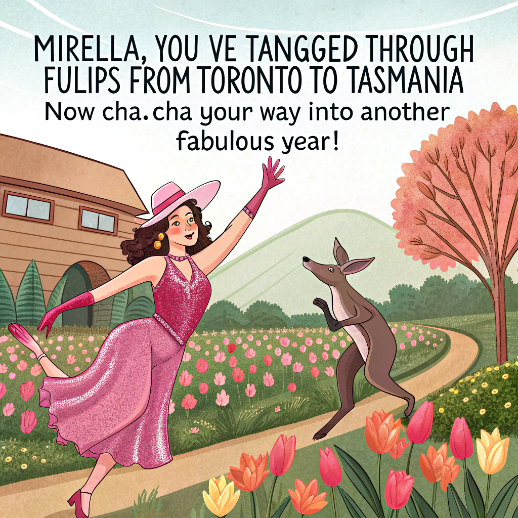 At the top of the image, "Mirella, you’ve tangoed through tulips from Toronto to Tasmania — now cha-cha your way into another fabulous year!"

- In the image: A vibrant and funny realistic-style photo featuring a woman wearing sparkly Latin dance attire and bright gardening gloves, mid-tango with a kangaroo wearing a Mountie hat.  
- They are dancing between neat garden rows of flowering native plants — half full of Australian flora (kangaroo paw, wattle) and the other half Canadian (maple trees, lupins).  
- She’s holding a trowel in one hand and a maraca in the other, as compost and confetti fly through the air.  
- The background includes the Sydney Opera House peeking over one shoulder and a moose curiously peering in from the other side with a bemused expression.  
- The overall vibe is energetic, colorful, and playfully surreal, capturing Mirella's globetrotting, green-thumbed groove!
Generated with these themes: Latin Dancing, Gardening, Australia, and Canada.
Made with ❤️ by AI.