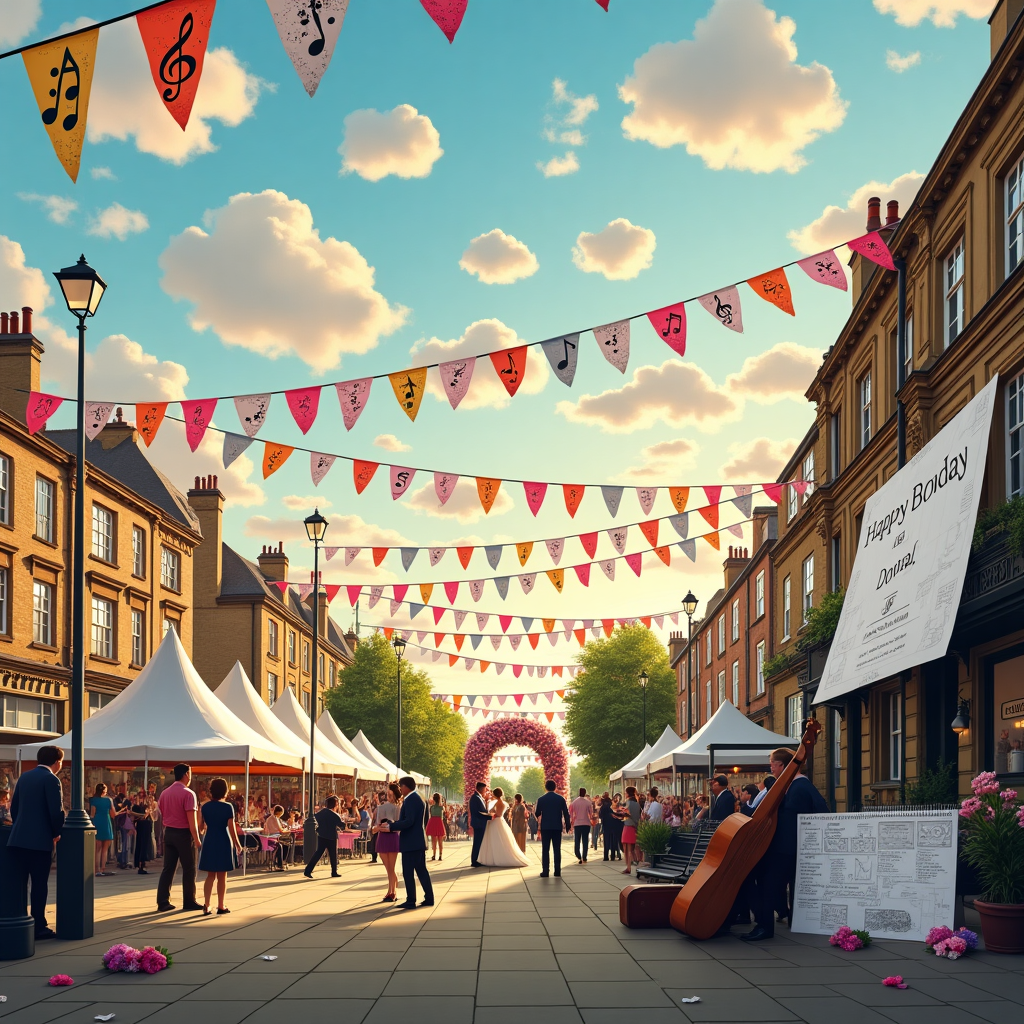 The scene is set in the vibrant neighborhood of Walthamstow, where a lively music festival is underway. The foreground of the image features a sprawling street lined with colorful bunting hanging between lampposts, each flag printed with a musical note, swaying gently in the breeze. Musicians play an array of instruments on a temporary stage set up at one end of the street, where festival-goers dance enthusiastically. To the right, an ornate Victorian building, typical of Walthamstow's architecture, has its facade partially obscured by a massive banner displaying intricate blueprints – these are architectural plans for a new concert hall, hinting at a future filled with more musical gatherings. In the background, a small picturesque garden is set up for an intimate wedding ceremony, complete with a floral arch adorned with roses and lilies. In the sky above, fluffy clouds have been whimsically shaped to spell out "Happy Birthday Donald," adding a personal touch to the scene. The clouds are slightly tinged with hues of pink and orange from the setting sun, giving the name a natural spotlight in the vastness above. Scattered around the festival are small touches of personal memorabilia, such as a guitar case leaning against a bench, with stickers of Walthamstow landmarks, and a wedding invitation peeking out, with a tiny sketch of the concert hall design. This carefully crafted scene tells a story of celebration, love, and the harmony between past, present, and future in Donald's special world.
Generated with these themes: Walthamstow, Music festival, Building plans, and Marriage.
Made with ❤️ by AI.
