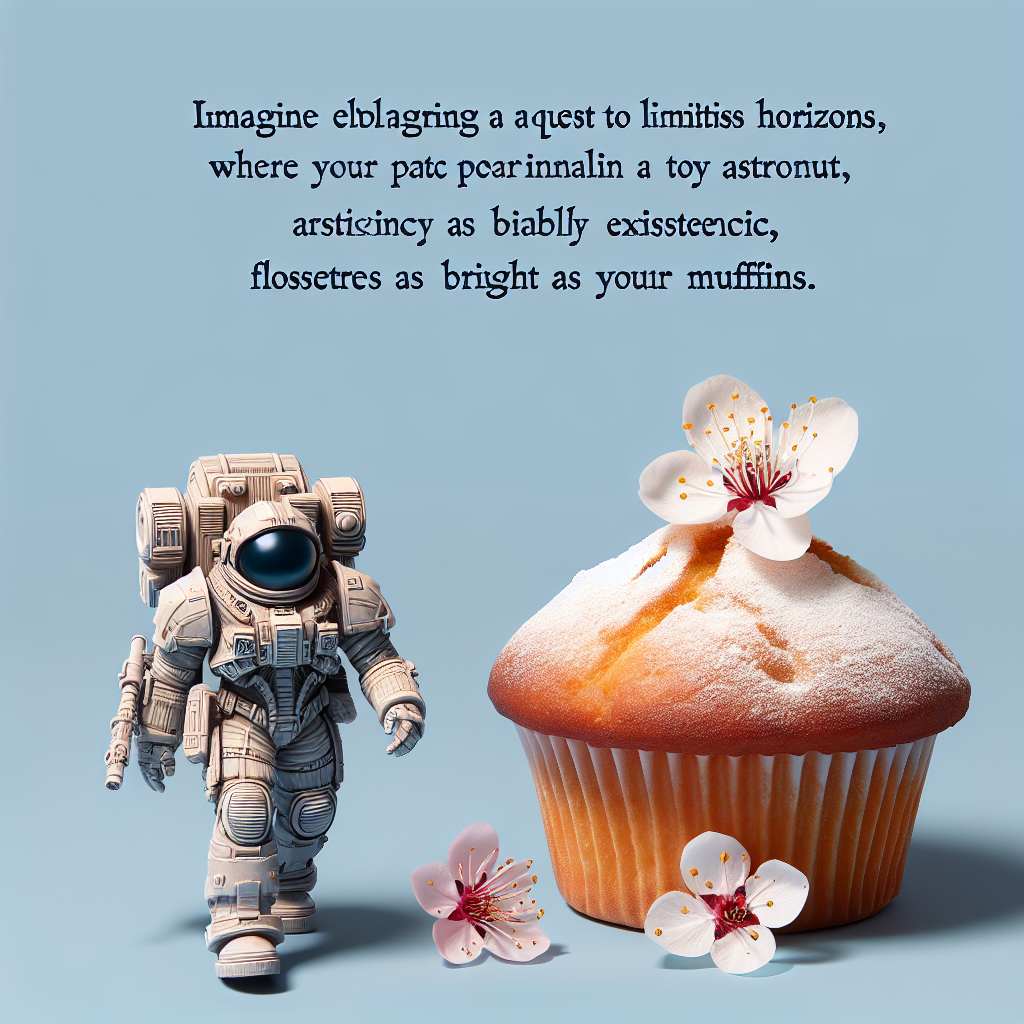 Imagine embarking on a quest to limitless horizons, where your path is strewn with a futuristic space ranger, strikingly similar to a toy astronaut, amidst blossoms as bright as your aspirations. This poetic scene also reflects the joy of daily existence through a humble pastry, reminiscent of a muffin.
Generated with these themes: Buzz lightyear, flowers, muffin.
Made with ❤️ by AI.