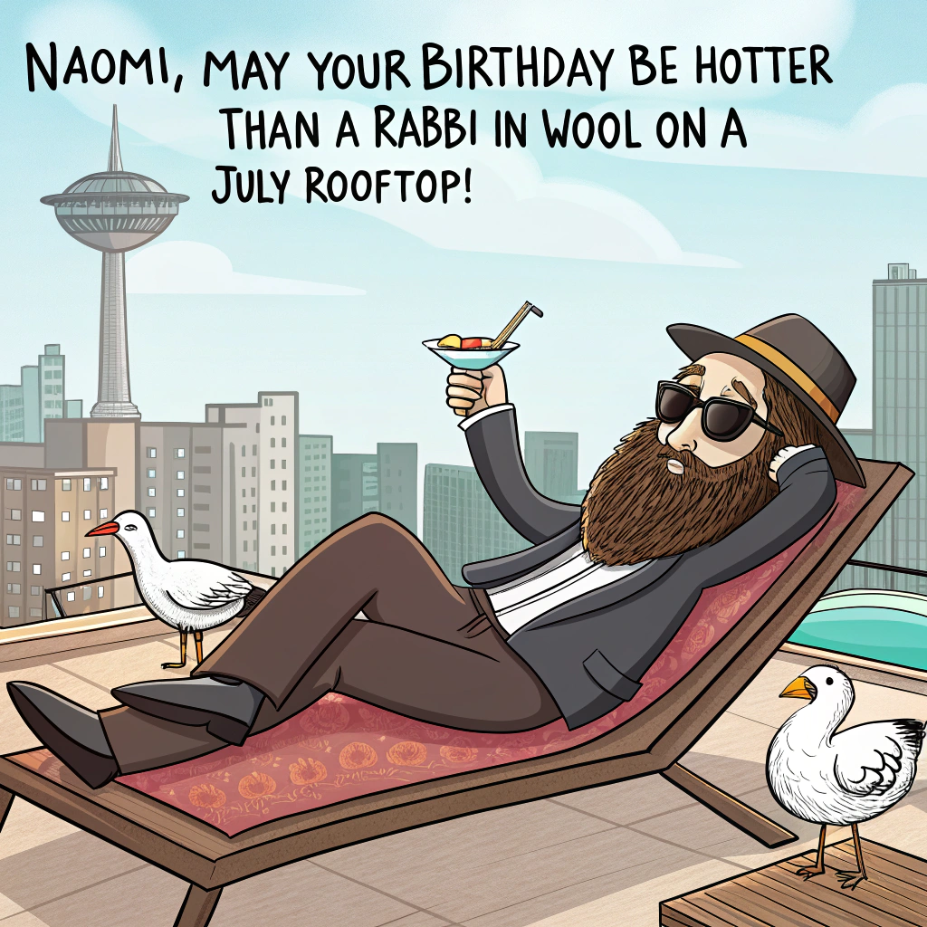 At the top of the image, "Naomi, may your birthday be hotter than a Rabbi in wool on a July rooftop!"

- In the center of the image, illustrate a cartoon scene featuring a suave, sharply dressed rabbi lounging dramatically on a sunbed atop a city rooftop. He’s wearing oversized sunglasses, his long beard is tied into trendy braids, and he’s sipping a birthday martini garnished with a tiny Torah scroll instead of an olive.

- Around him are seagulls fainting from the heat, while a thermometer explodes next to a melting birthday cake.

- The rabbi is striking a confident pose, one eyebrow raised over the shades, with a thought bubble that says, “Kosher... but make it spicy.”

- Bright, summery colors and plenty of sparkle accents complete the cheeky scene.
Generated with these themes: hot rabbi.
Made with ❤️ by AI.