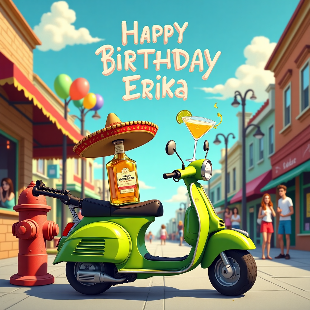 On the front cover of the birthday greetings card, imagine a bustling urban street where the hilarity unfolds. The central character is a vibrant lime-green scooter parked right next to a classic street taco stand. Propped on the scooter’s seat is a cheeky bottle of tequila, wearing a tiny sombrero, with cartoonish eyes and a mischievous grin, as if it’s about to take the city by storm. Adjacent to the scooter, leaning against a retro fire hydrant, is a sniper rifle, but this isn't your ordinary rifle – it’s been humorously modified. Instead of a scope, a martini glass is perched atop, filled to the brim with a margarita and garnished with a lime wedge and a little cocktail umbrella, adding an unexpectedly funny twist.

In the background, the street scene is bustling with colorful balloons tied to lamp posts and lively street performers juggling flaming torches. Above it all, in the sky, clouds are whimsically shaped to spell out "Happy Birthday Erika" in a fluffy, skywriting fashion. Passersby, captured mid-laugh, are gazing up at this aerial spectacle, adding to the joyous chaos of the scene. The elements come together to create a story of adventure and celebration, blending the unexpected combination of tequila, a sniper rifle, and a scooter, all in the spirit of wishing Erika a hilarious and unforgettable birthday.
Generated with these themes: Tequila , Sniper riffle, and Scooter.
Made with ❤️ by AI.