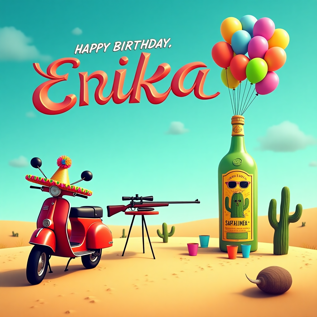 In this delightfully absurd and visually captivating birthday card scene, imagine a bright, sunny desert landscape stretching into the horizon, with a touch of exaggerated reality. To the left of the scene, there's a vibrant red scooter parked on a sand dune, its tires slightly buried in the golden grains. Perched atop the scooter is an oversized party sombrero, adorned with colorful pom-poms, giving it a festive flair. Directly in front of the scooter, a vintage sniper rifle is inexplicably set up on a tripod, its barrel comically aiming at an unusual target.

This target is none other than a towering tequila bottle, standing upright and gleaming under the sun's rays. The bottle is cartoonishly large, with a vivid label featuring a dancing cactus wearing sunglasses. Next to the tequila bottle, there's a small table with a rainbow assortment of shot glasses arranged in a circle, as if waiting for an imaginary fiesta to begin.

In the sky above this bizarre tableau, a flock of helium balloons drifts serenely, their strings forming the letters of the name "Erika" in a playful, swirling script. The balloons' bright colors are a joyous contrast to the azure sky, and one can almost hear the silent cheer of "Happy Birthday, Erika!" emanating from them.

Scattered around the scene are small cacti wearing tiny party hats, adding an extra touch of whimsy. A tumbleweed leisurely rolls by, seemingly unbothered by the outlandish celebration unfolding in this desert wonderland. The entire scene invites Erika to step into this fantastical world where birthdays are celebrated with a quirky mix of tequila, sniper rifles, and scooters under a sky that echoes her name in helium hues.
Generated with these themes: Tequila , Sniper riffle, and Scooter.
Made with ❤️ by AI.