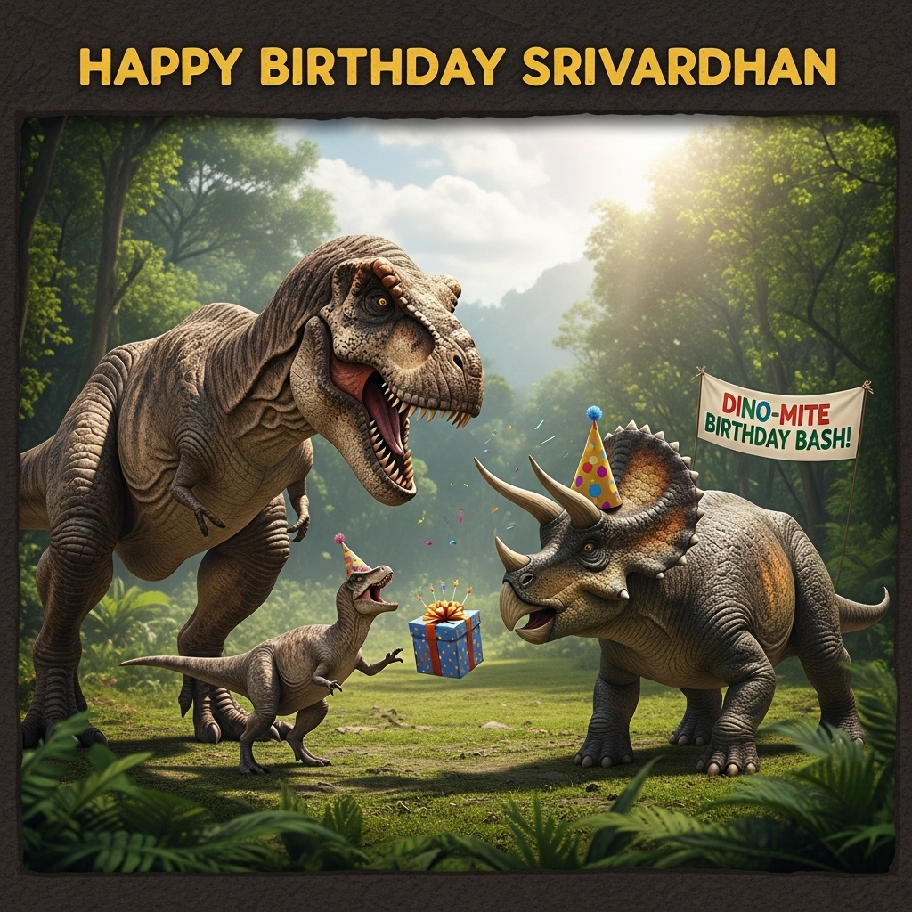 At the top of the Photorealistic picture taken from a camera image, the text reads: "Happy Birthday Srivardhan"

---

### Image Description:

Imagine an ultra-high-definition 4K photograph of a prehistoric showdown. In the middle of a lush, verdant Jurassic landscape, two dinosaurs—one a towering T-Rex with a fierce, playful grin and the other a feisty Triceratops wearing a party hat—are locked in an epic, albeit humorous, mock battle. The T-Rex is gently nudging a brightly wrapped birthday gift towards the Triceratops with its tiny arms, as if it's part of their duel. Nearby, a small banner reads "Dino-Mite Birthday Bash!" in festive, colorful letters.

The scene captures the vibrant details of the dinosaurs' scales, the sunlight filtering through ancient foliage, and the humorous spark in the creatures' eyes. This whimsical confrontation encapsulates the lighthearted spirit of a birthday celebration in the land of the dinosaurs, bringing a smile to the viewer's face.
Generated with these themes: Dinosaur, Fighting, and .
Made with ❤️ by AI.